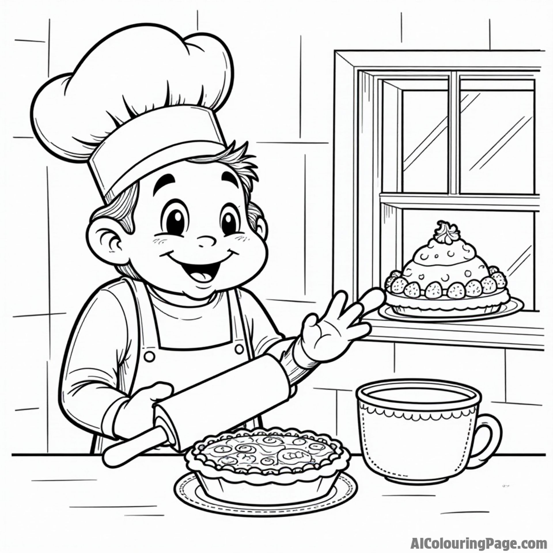A cozy bakery scene with a playful chef character, a cheerful rolling pin, and a happy pie cooling on the window.