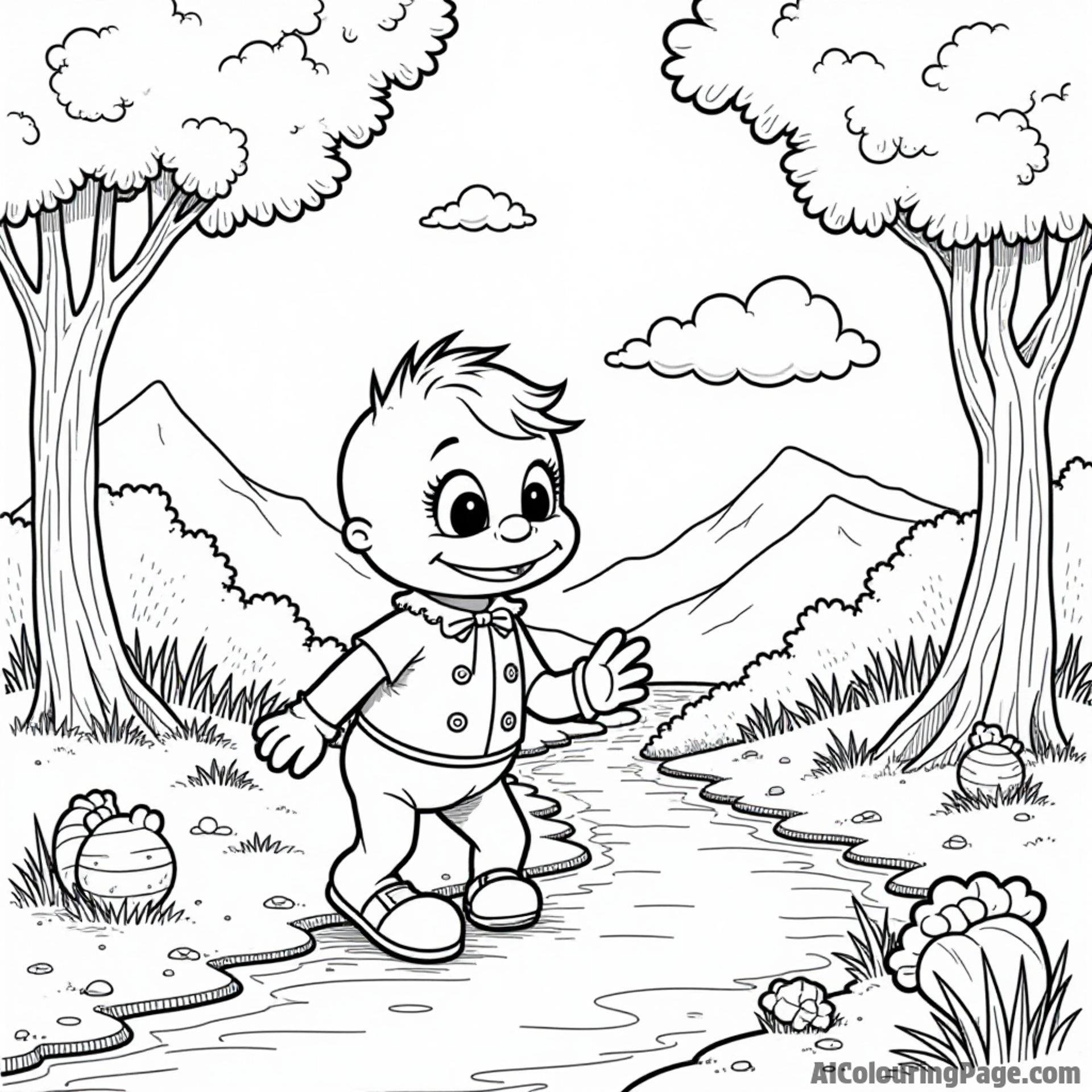 A Muppet baby exploring a magical candy land, with candy trees, gumdrop paths, and a chocolate river flowing nearby.