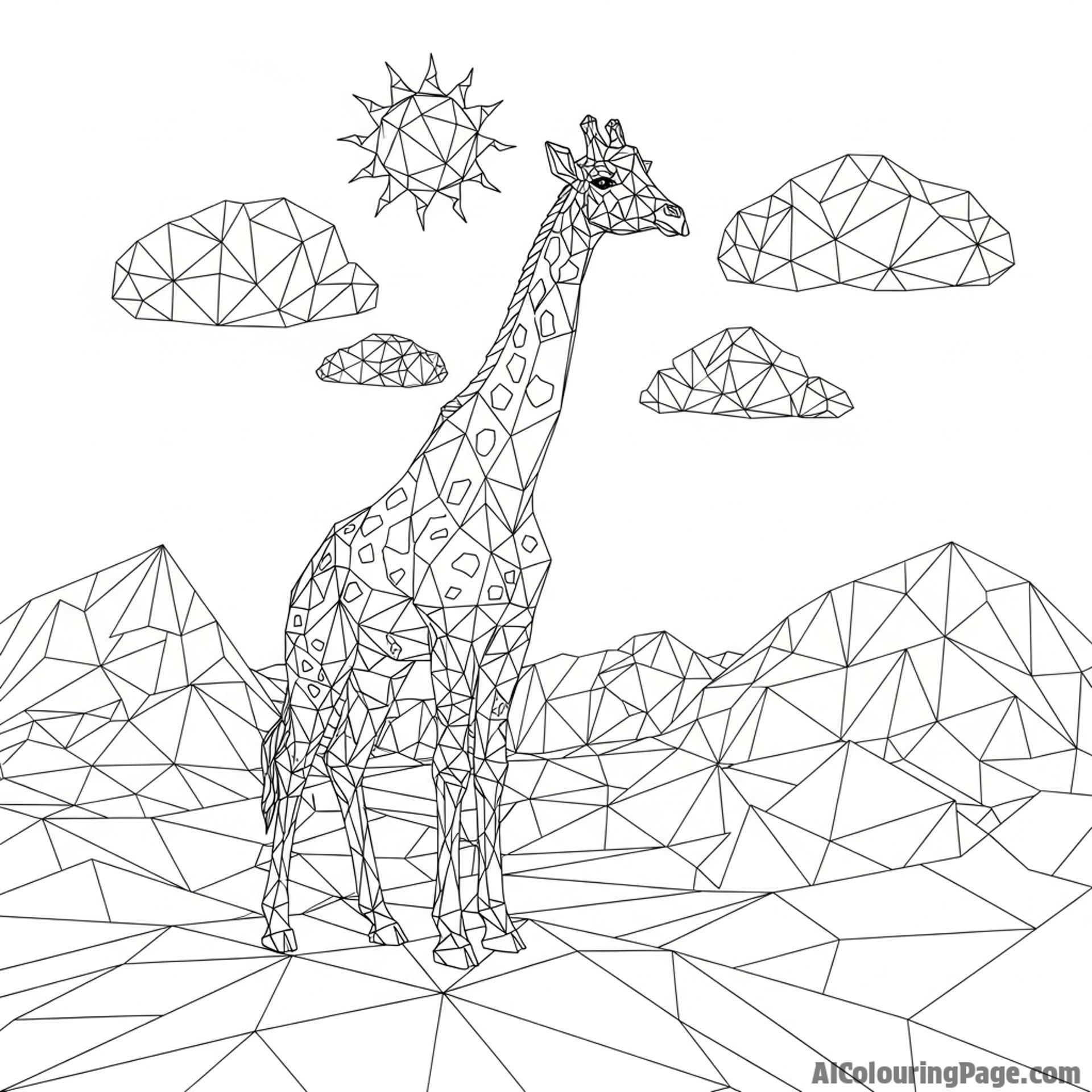 Low-poly digital art of a giraffe on a geometric landscape.