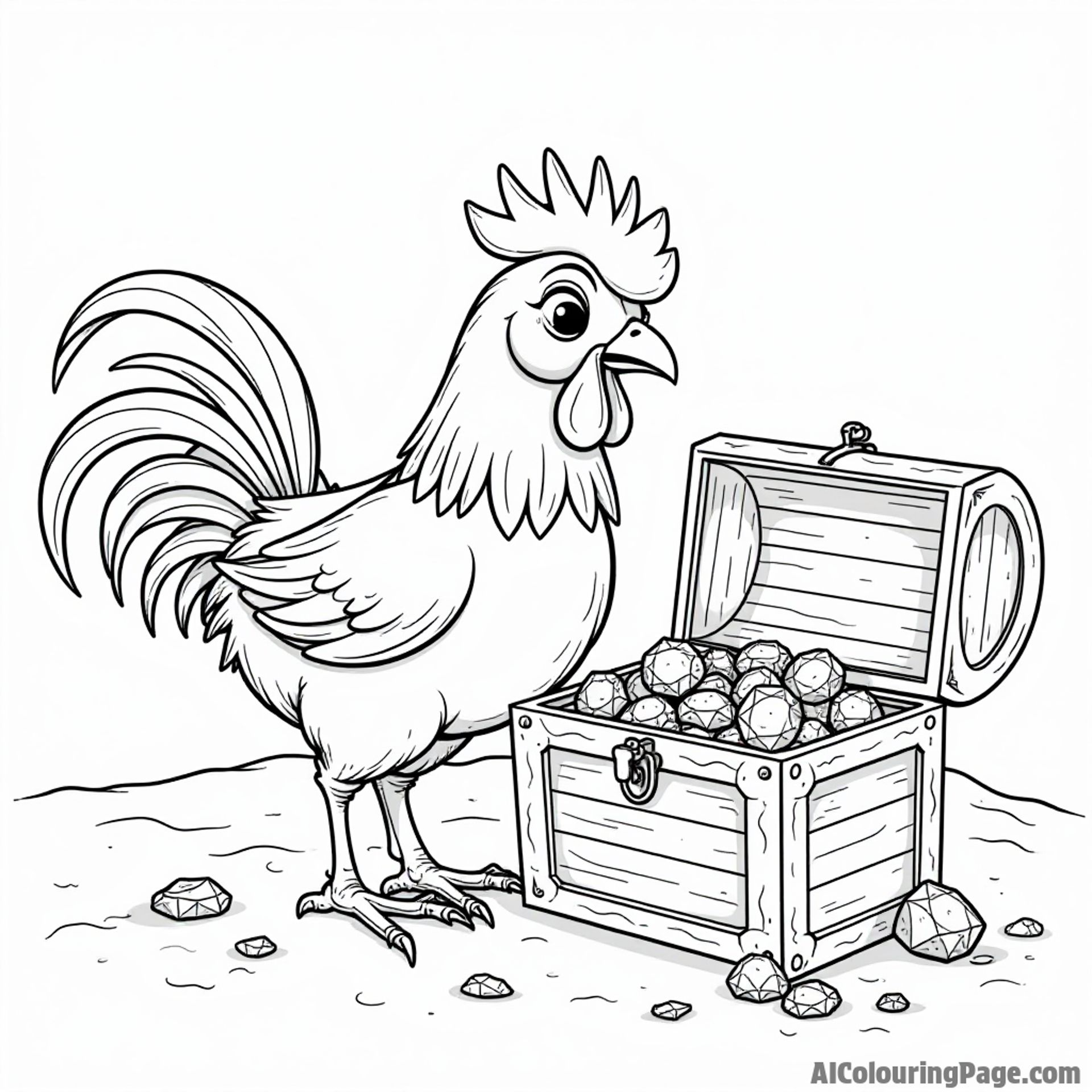 Heihei the rooster curiously peeking at a treasure chest filled with shiny jewels on a sandy beach.