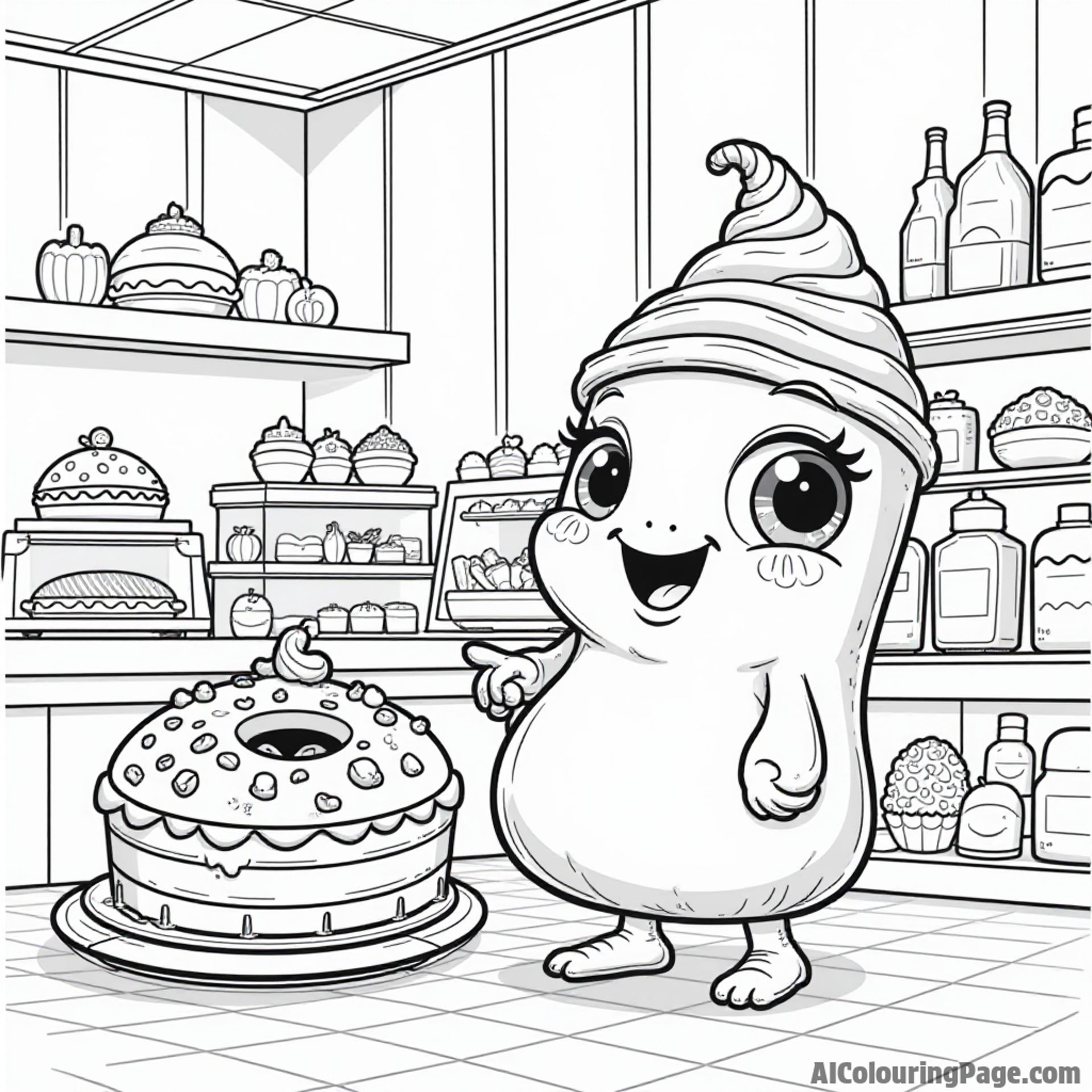 A delightful bakery with a whimsical cake character, a friendly cookie, and a playful donut in a sweet atmosphere.