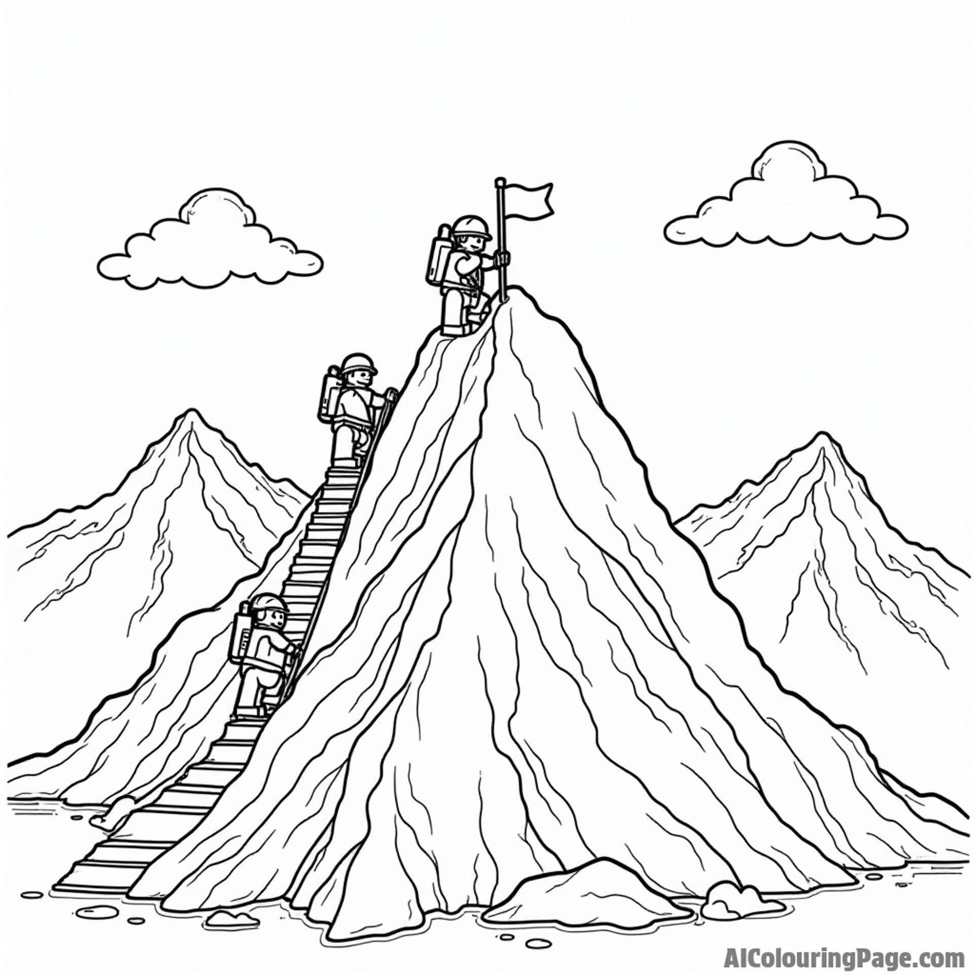A LEGO mountain climbing scene with climbers scaling a rocky peak, flags at the summit, and clouds around.