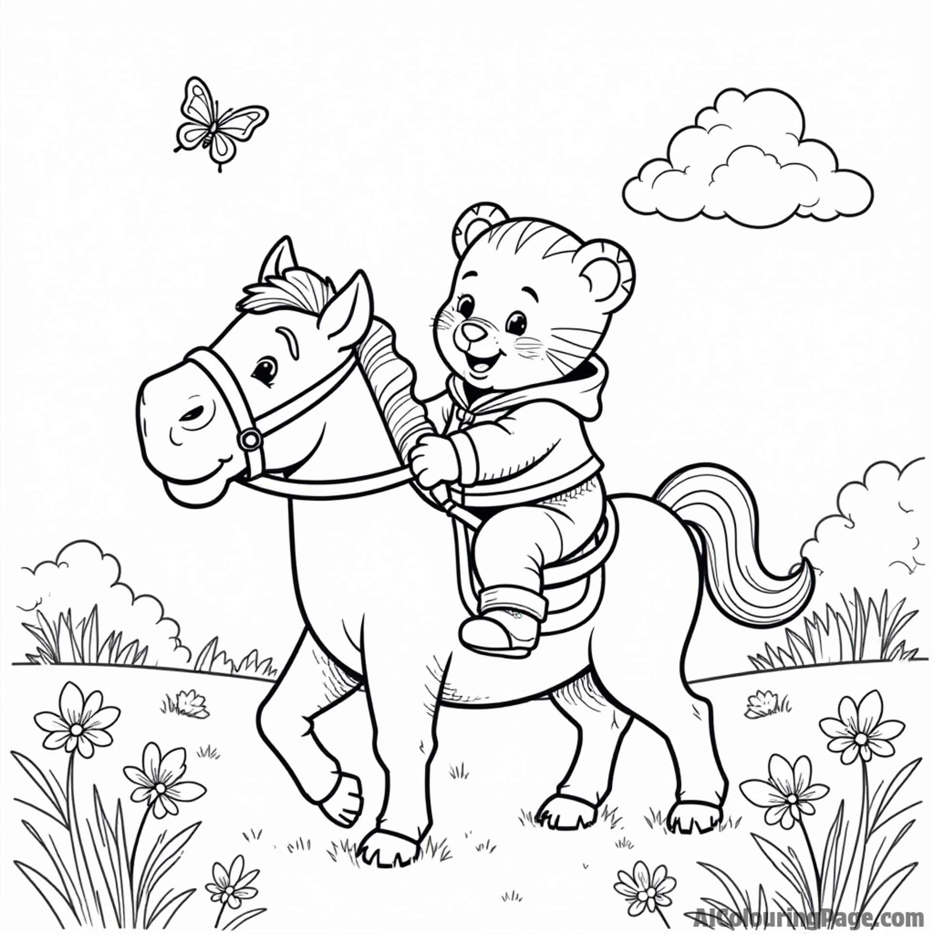Daniel Tiger riding a pony in a pasture with flowers, butterflies, and a clear blue sky above them, feeling joyful.