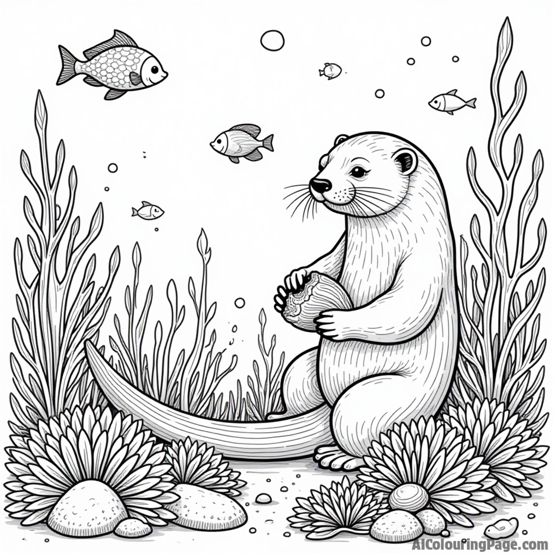 A colorful coral reef bustling with fish, a curious sea otter holding a shell, and graceful sea anemones swaying.