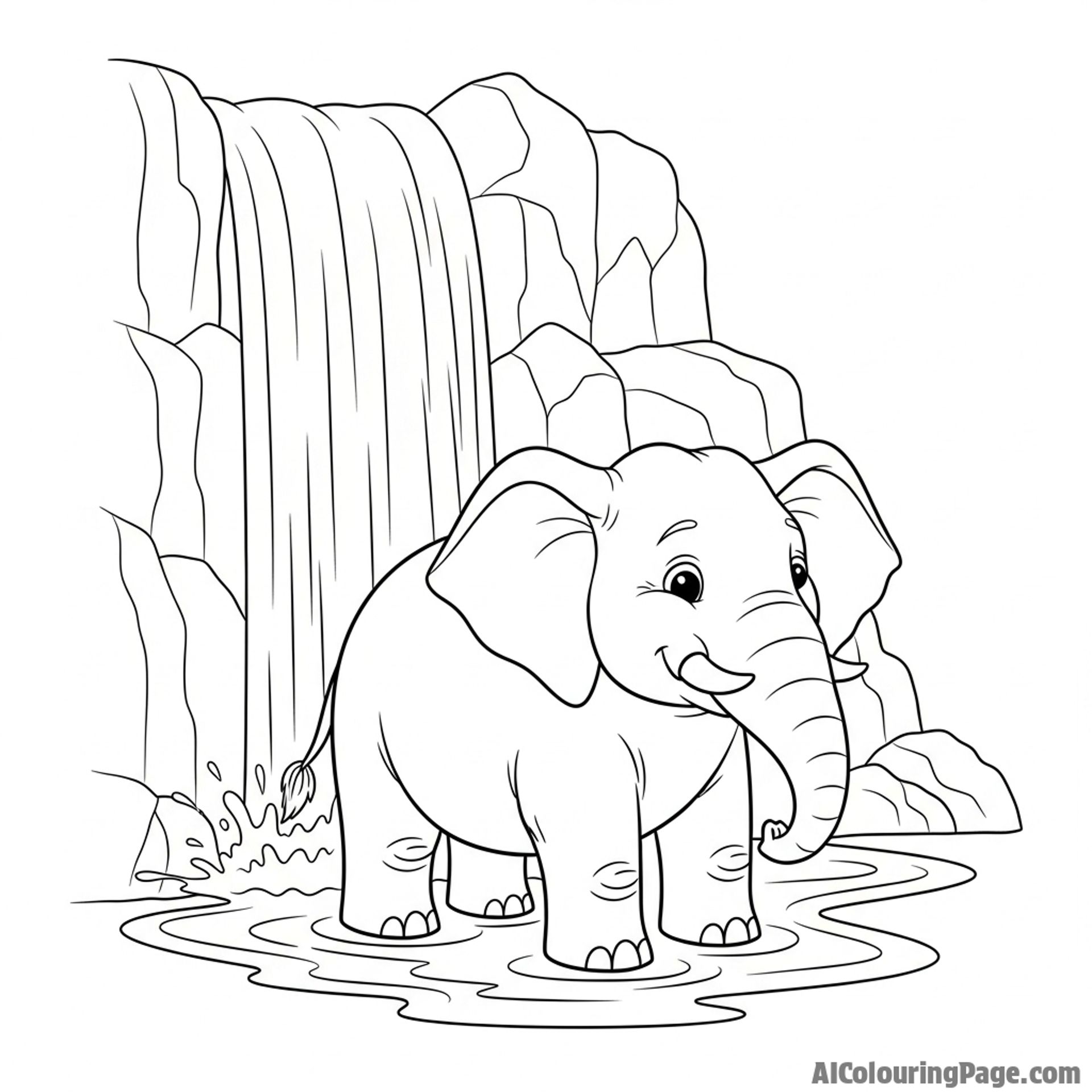 An elephant standing peacefully under a cascading waterfall.