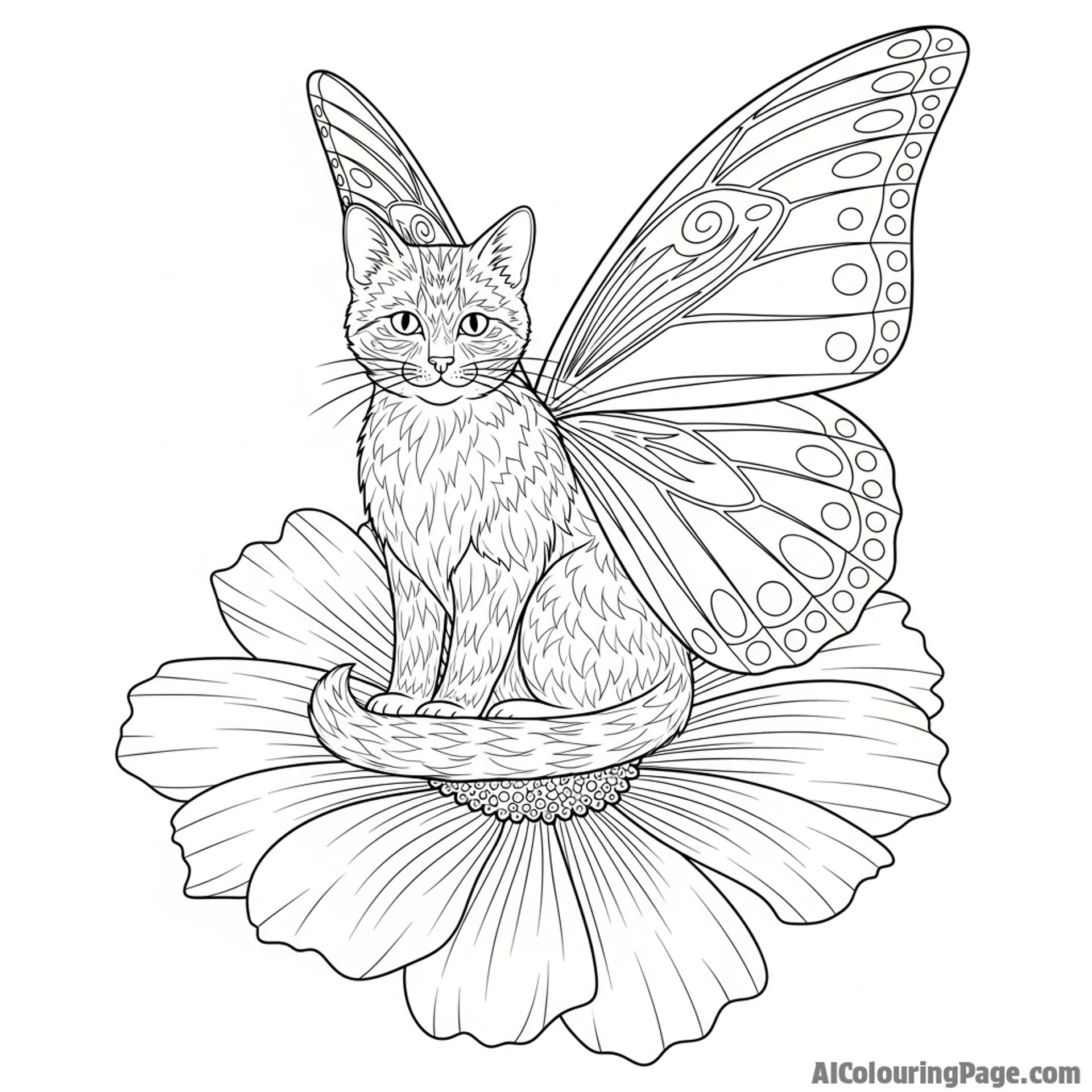 A cat with butterfly wings, sitting on a flower.