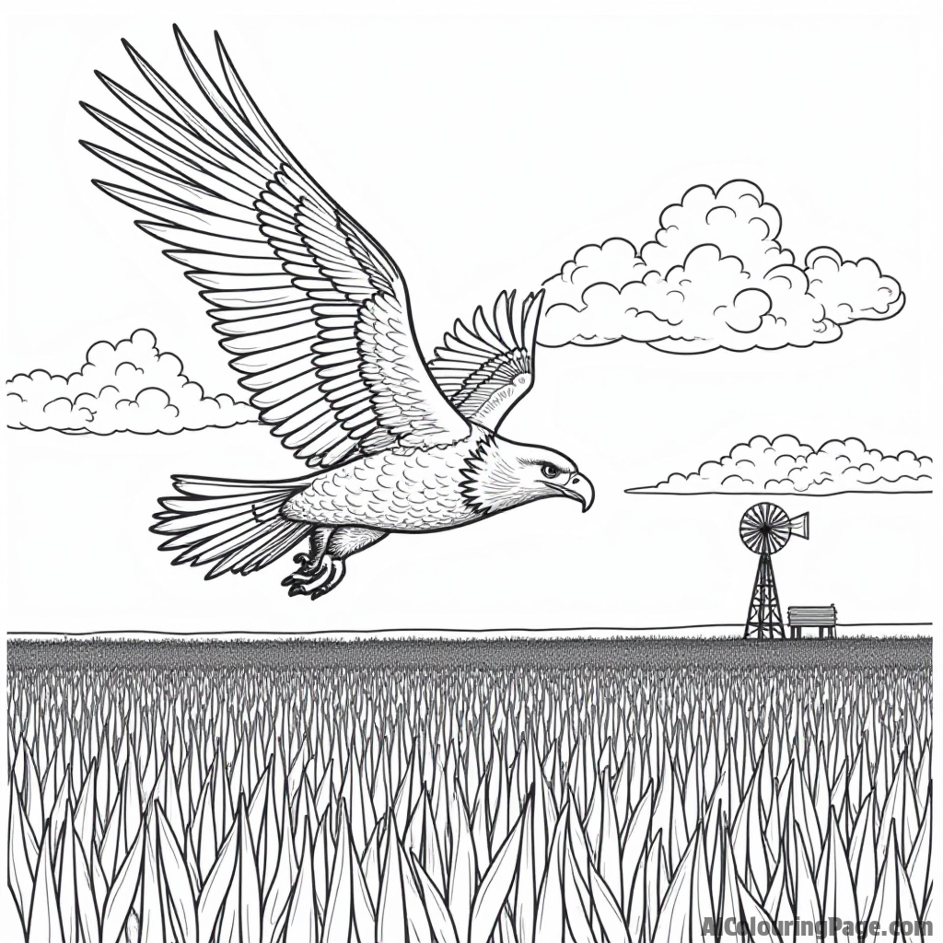 A majestic bald eagle soaring above a Nebraska cornfield with a windmill and fluffy clouds in the sky.