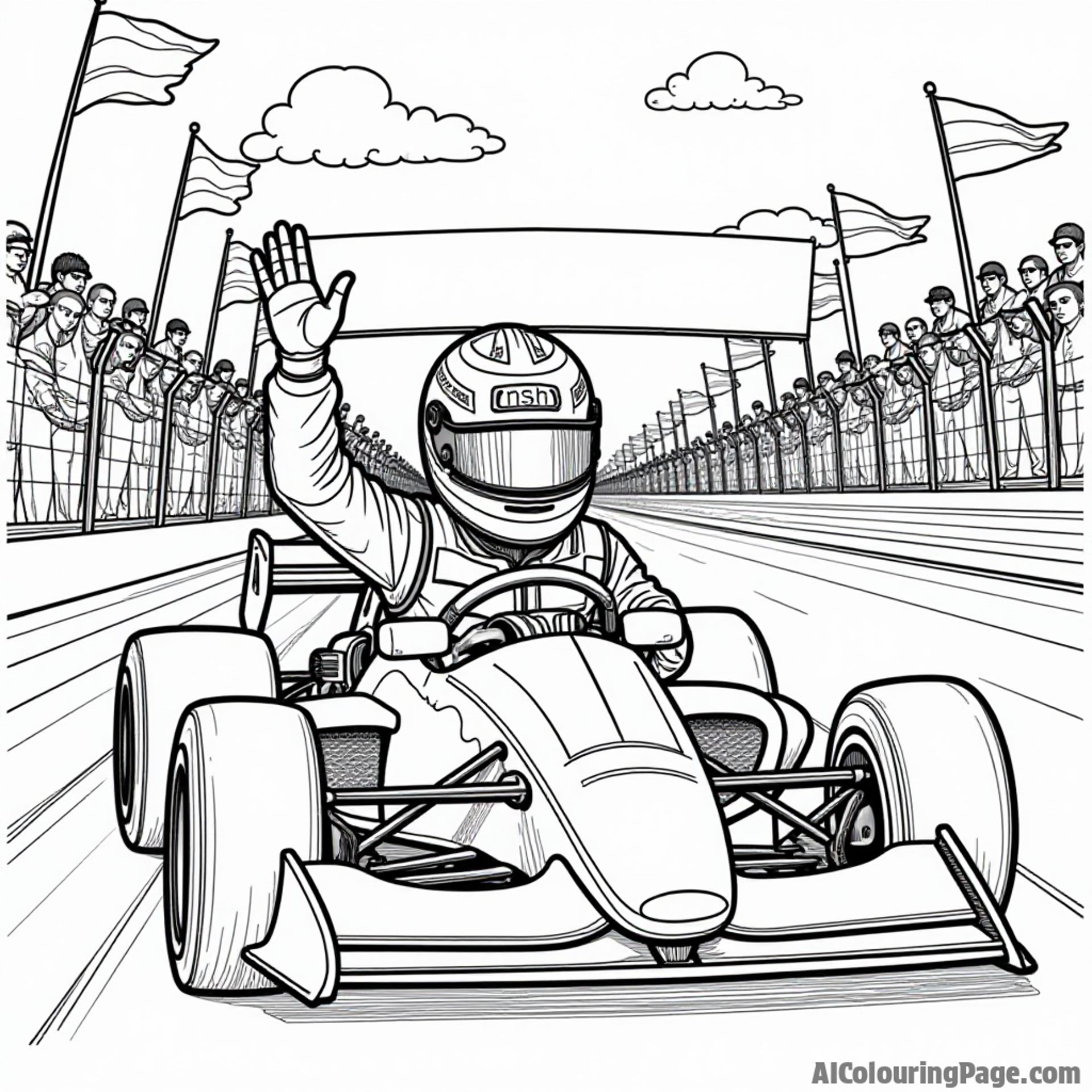 A race car driver in a colorful helmet waving to fans, surrounded by colorful flags and a finish line banner, capturing the thrill of the race for young artists.