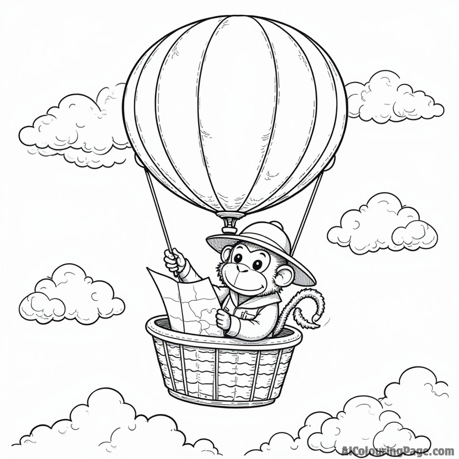 An explorer in a hot air balloon, holding a map, with a playful monkey swinging from the balloon's rope and fluffy clouds surrounding them, ideal for imaginative coloring.