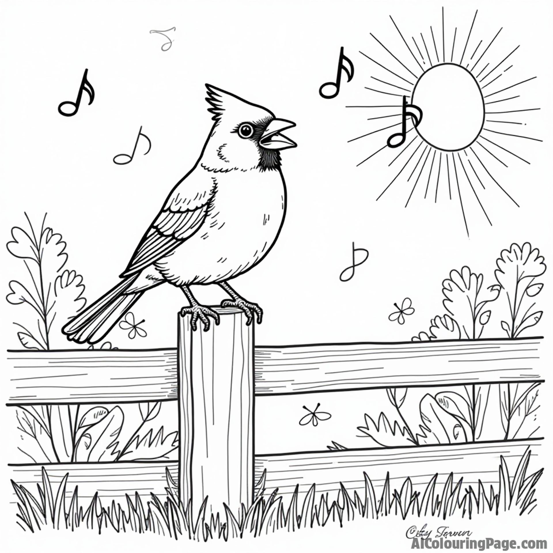 A cheerful cardinal singing on a fence post, with musical notes floating around in a sunny garden scene to color.