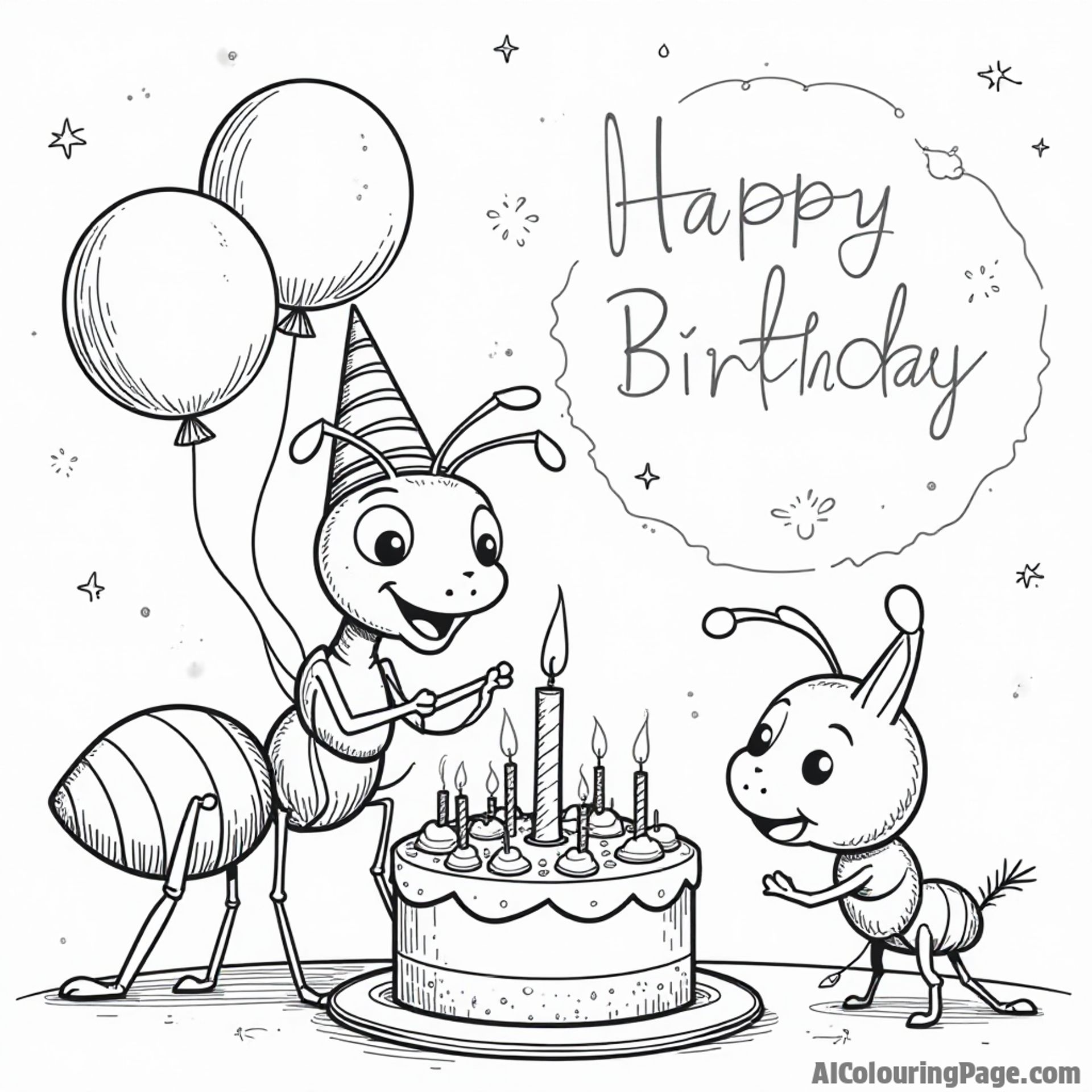 An ant having a birthday party with balloons and cake, surrounded by friends, creating a festive scene for coloring.