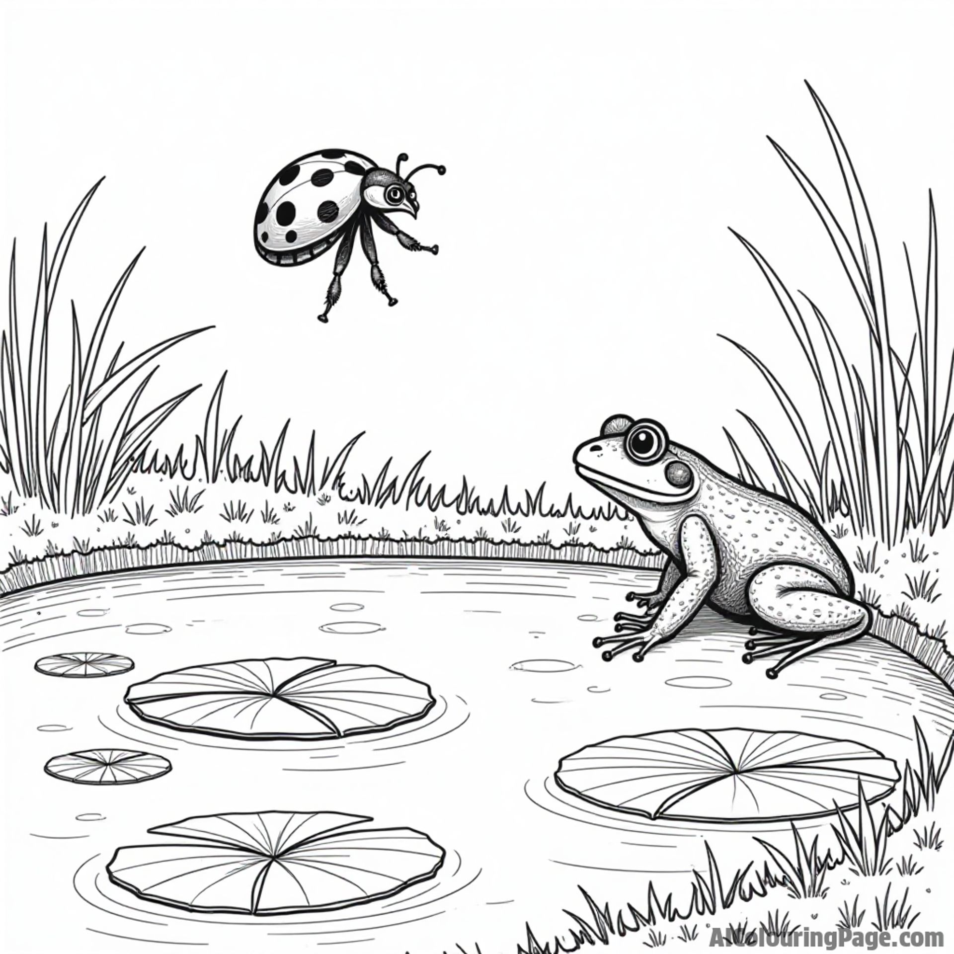 A ladybug flying over a sparkling pond with lily pads, while a frog watches curiously from the edge.