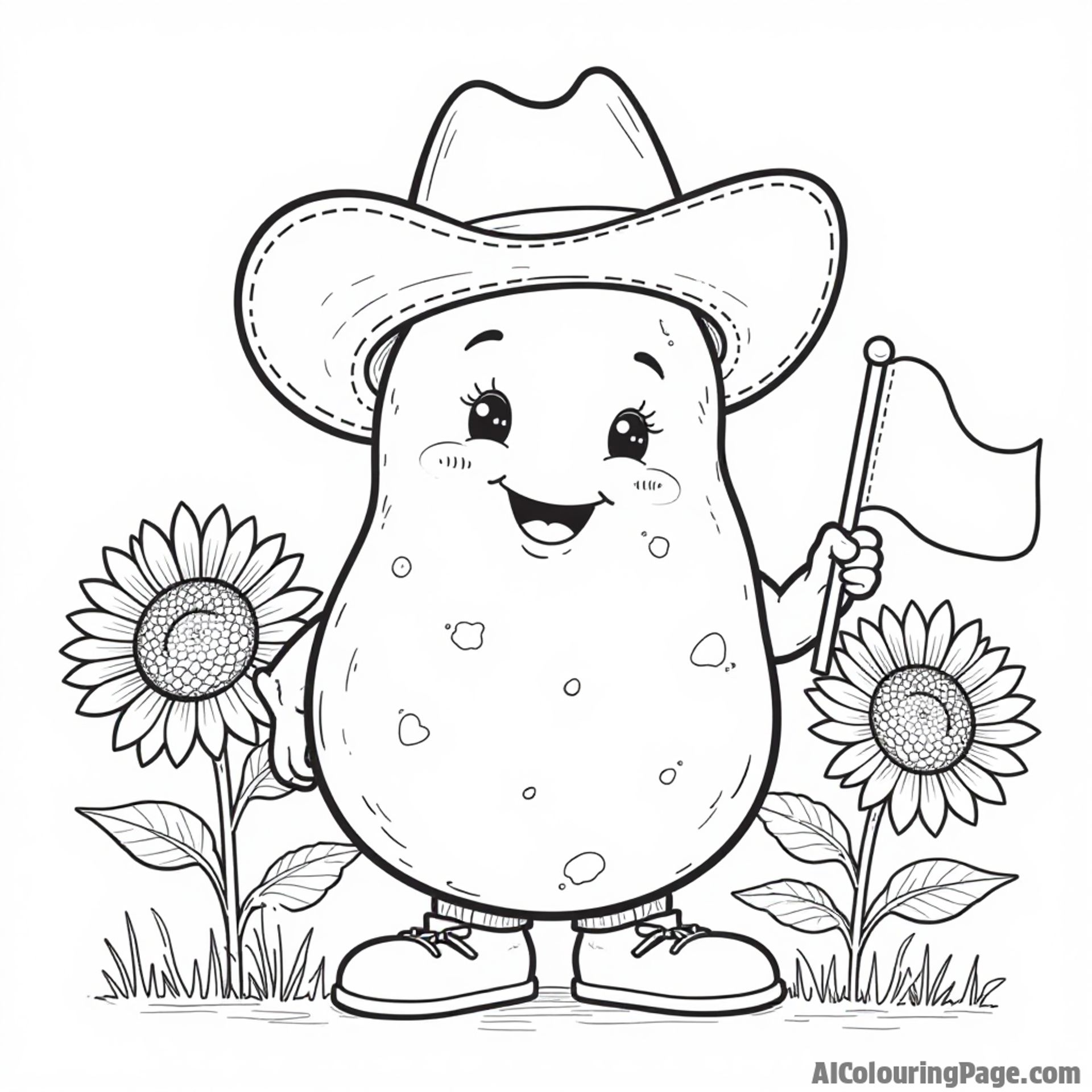 An adorable Idaho potato character wearing a cowboy hat, holding a tiny flag, surrounded by sunflowers for coloring fun.