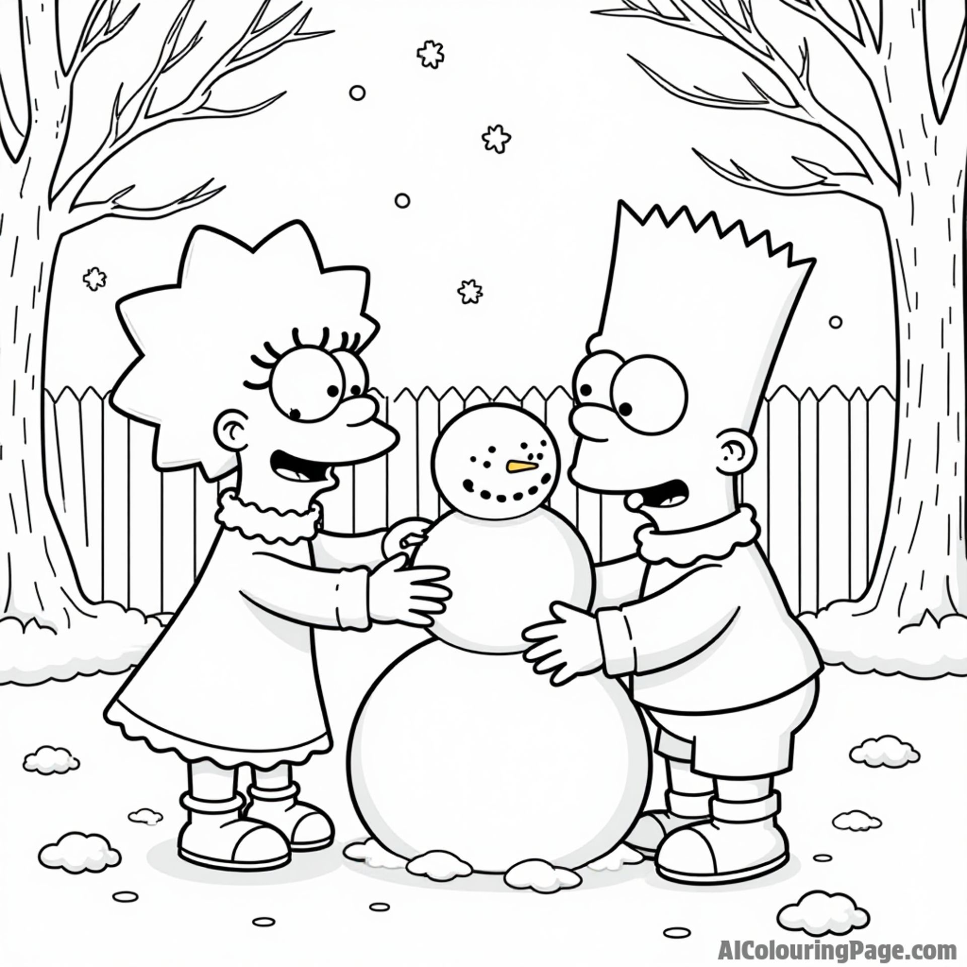 Lisa and Bart Simpson building a snowman together in a snowy backyard with trees and snowflakes falling all around.