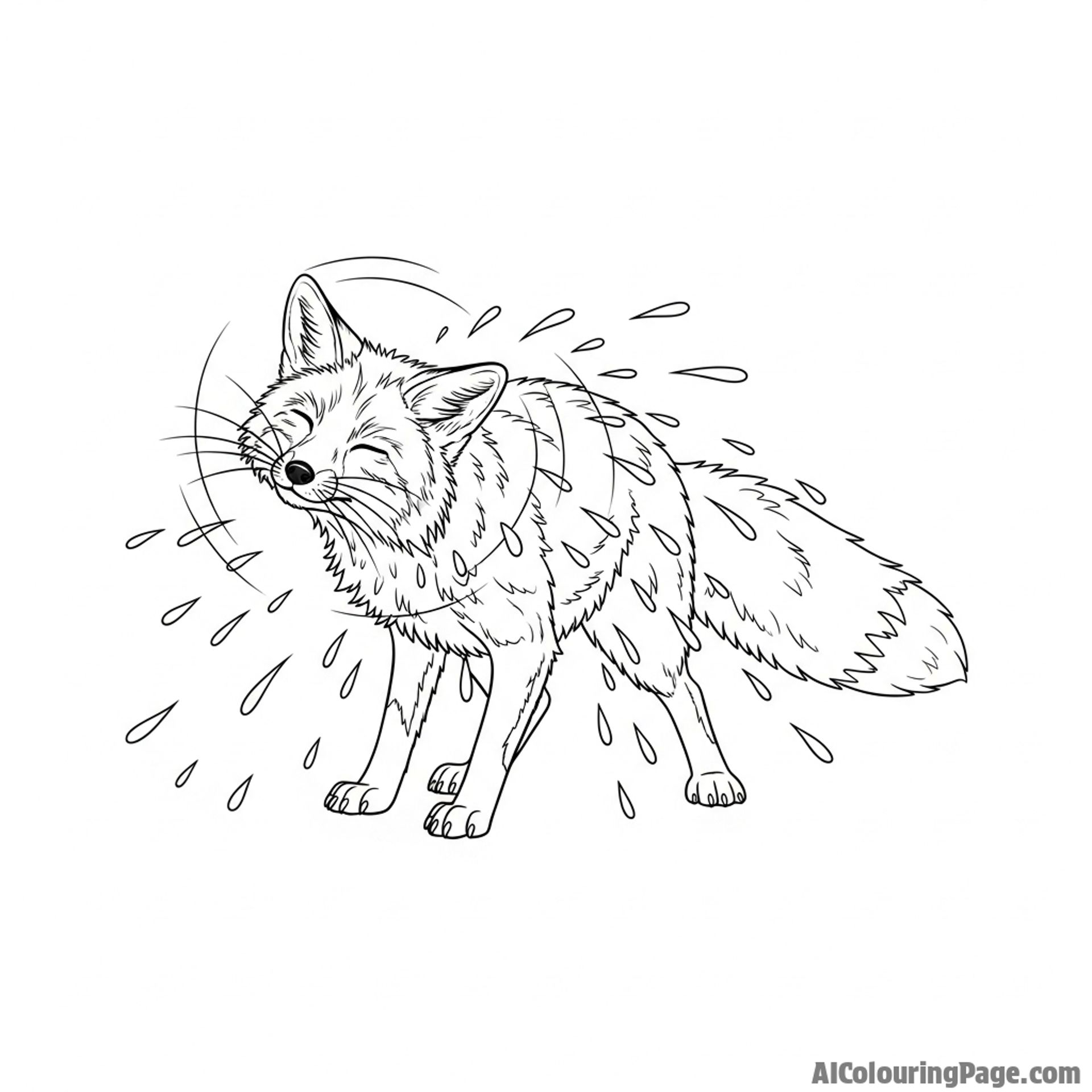 A photorealistic image of a fox shaking water from its fur in a shower of droplets.