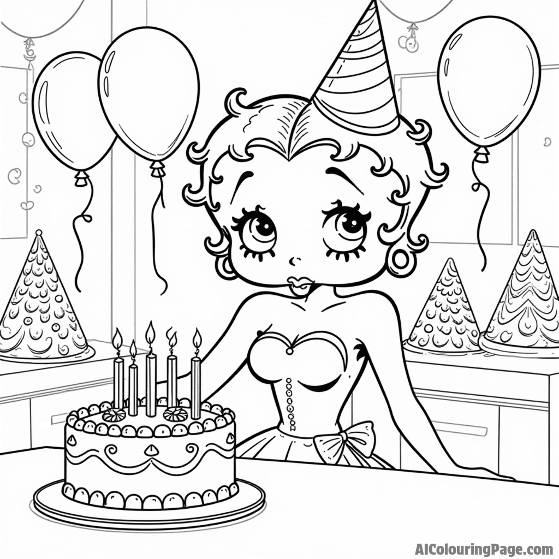 Betty Boop celebrating her birthday with a cake, balloons, and party hats in a cheerful party room filled with joy