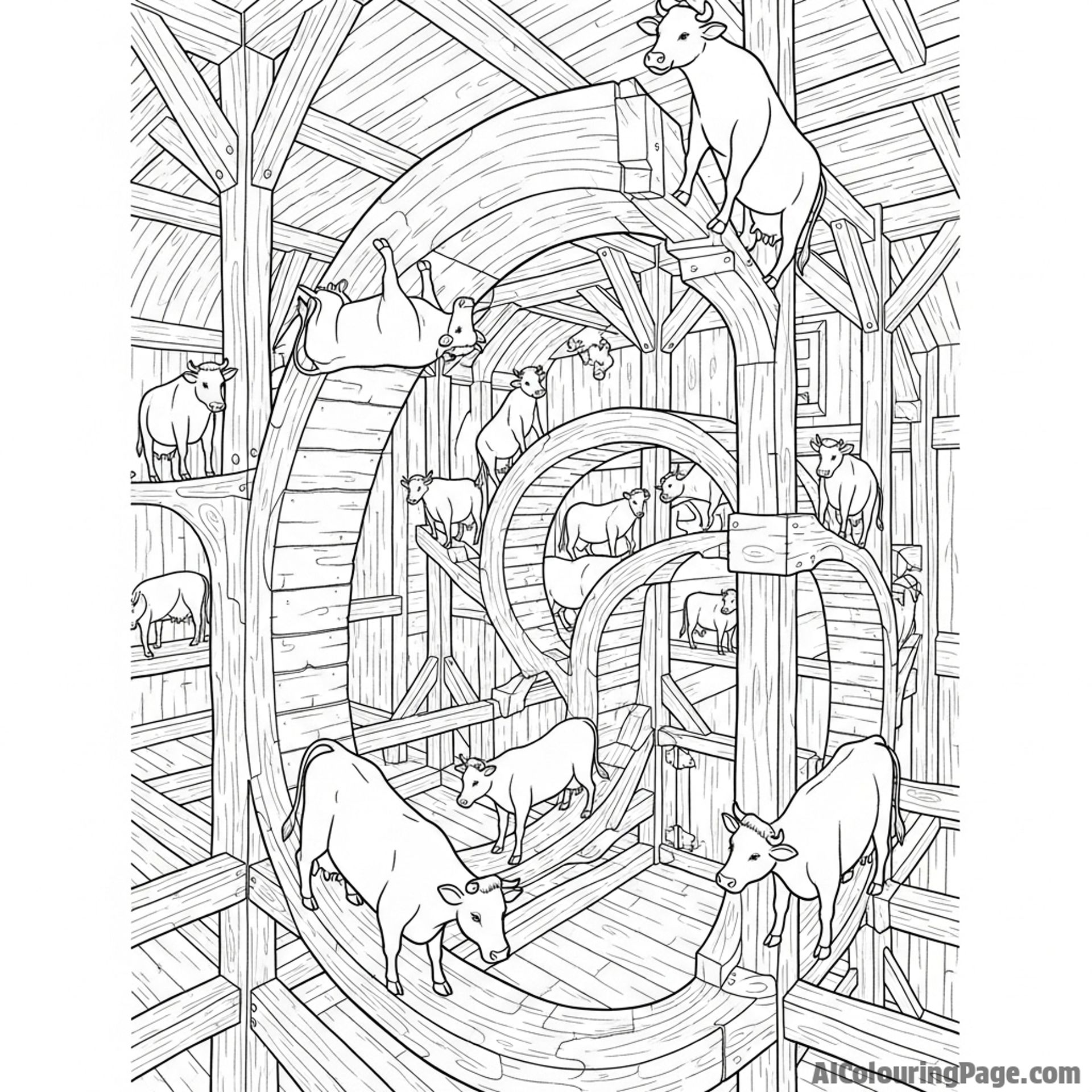 An impossible Escher-style artwork of interconnected cows walking on the walls and ceiling of a barn.