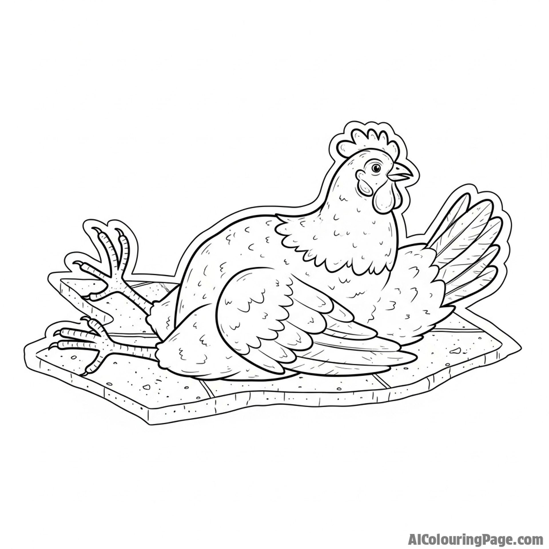 A chalk outline of a chicken on a pavement, as if in a crime scene.