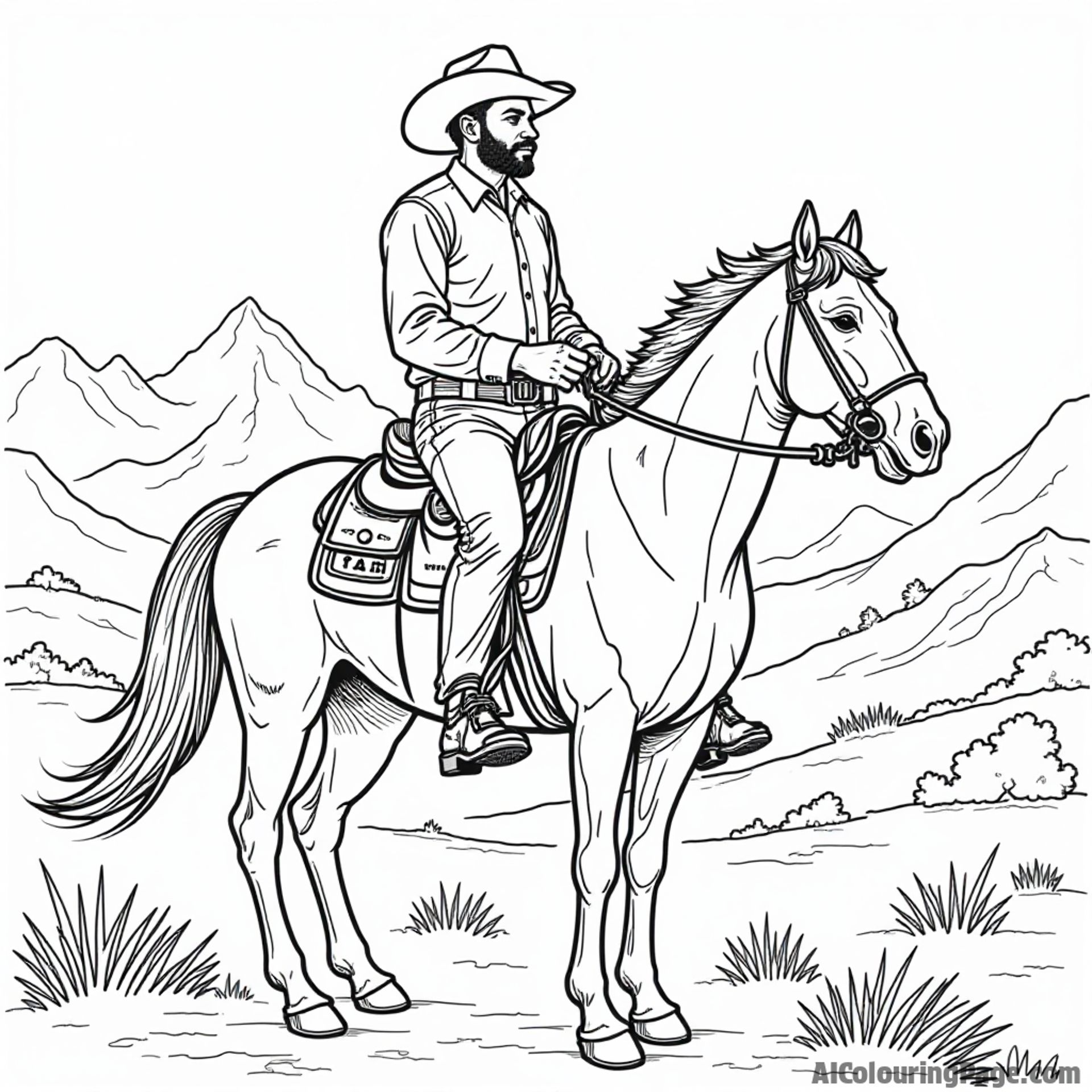 A historical scene of a black cowboy riding a horse, with mountains in the background, celebrating the contributions of black cowboys, crafted for kids to enjoy coloring in black and white.
