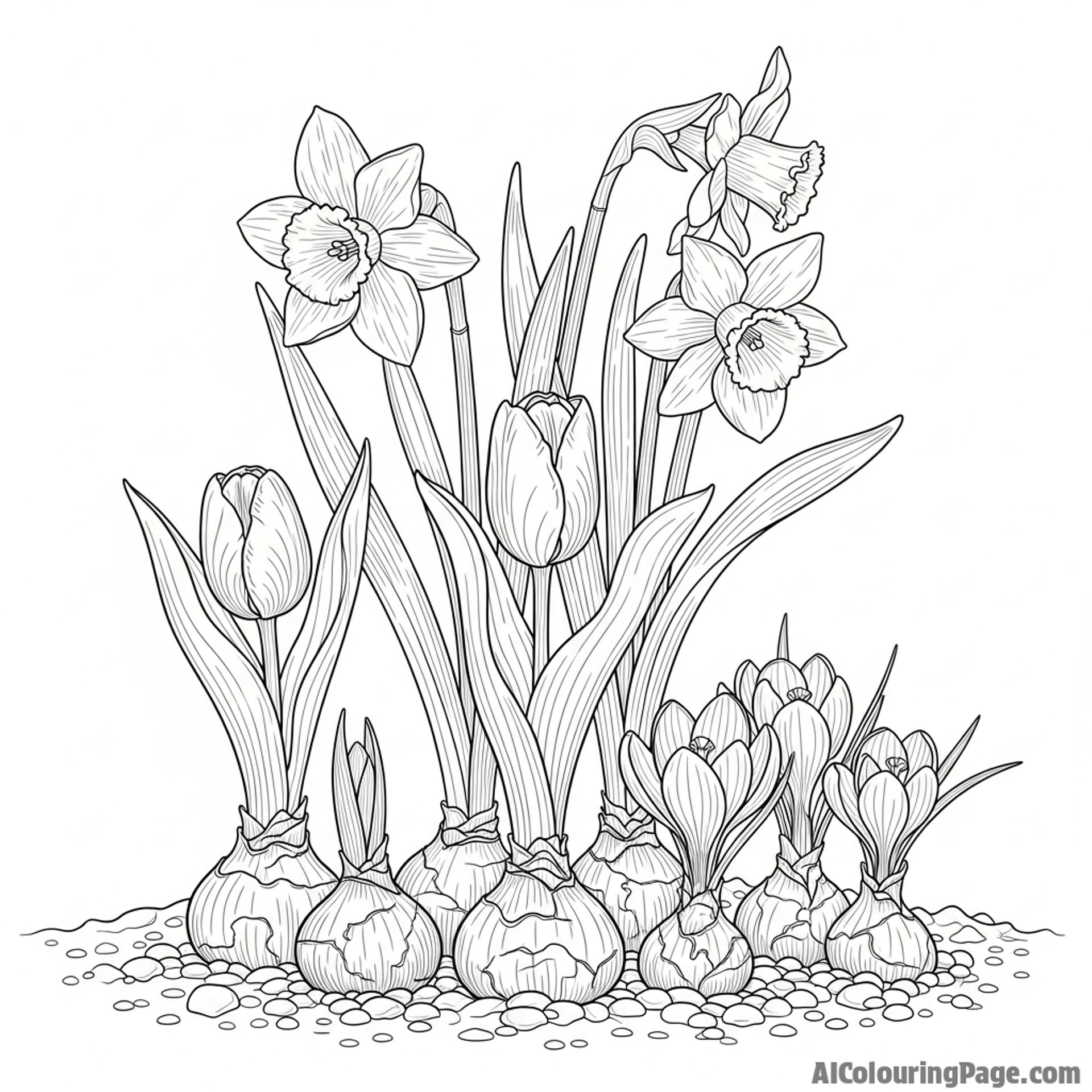 Spring bulbs emerging from the soil, fresh growth.