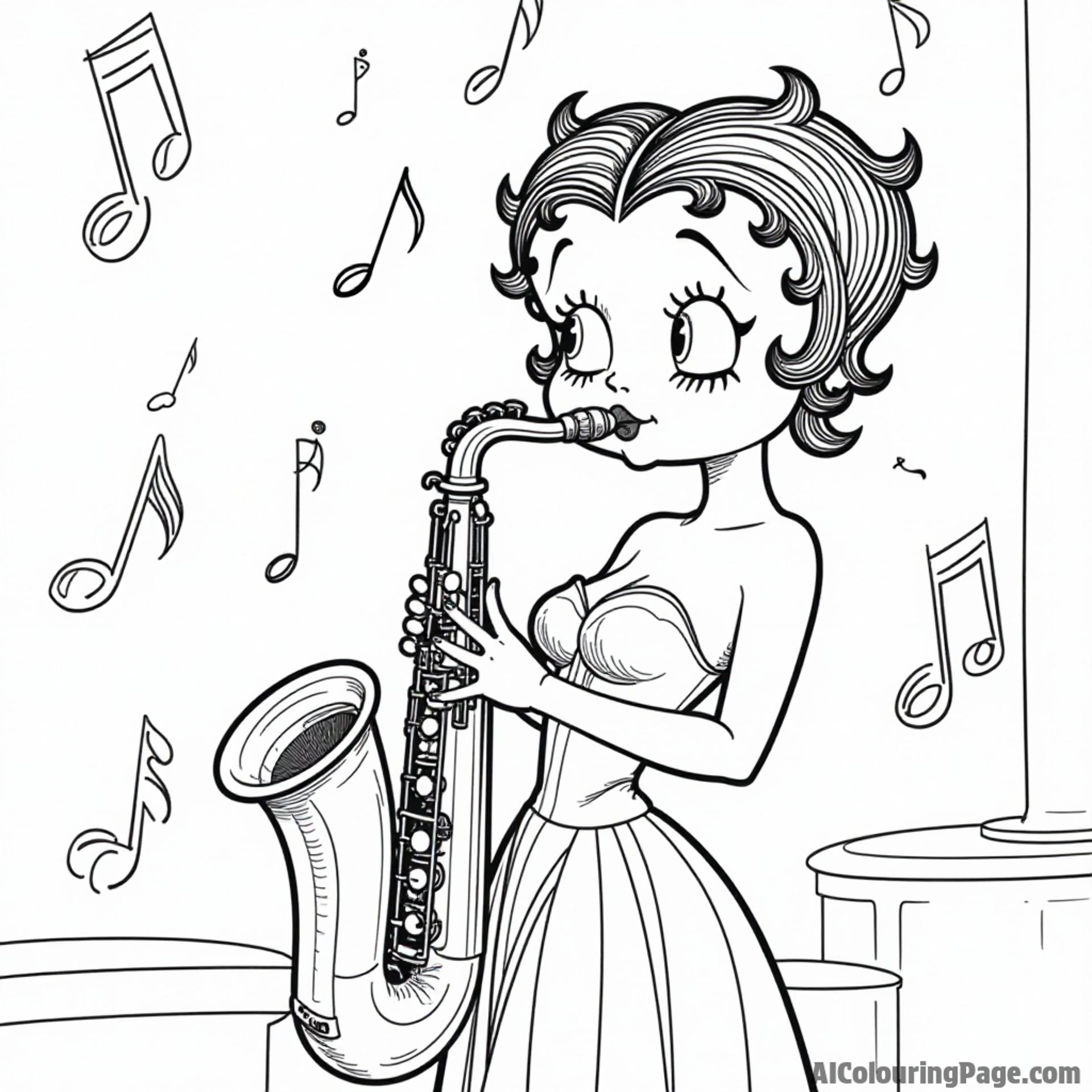 Betty Boop playing the saxophone on stage with musical notes floating around her in a lively jazz club setting