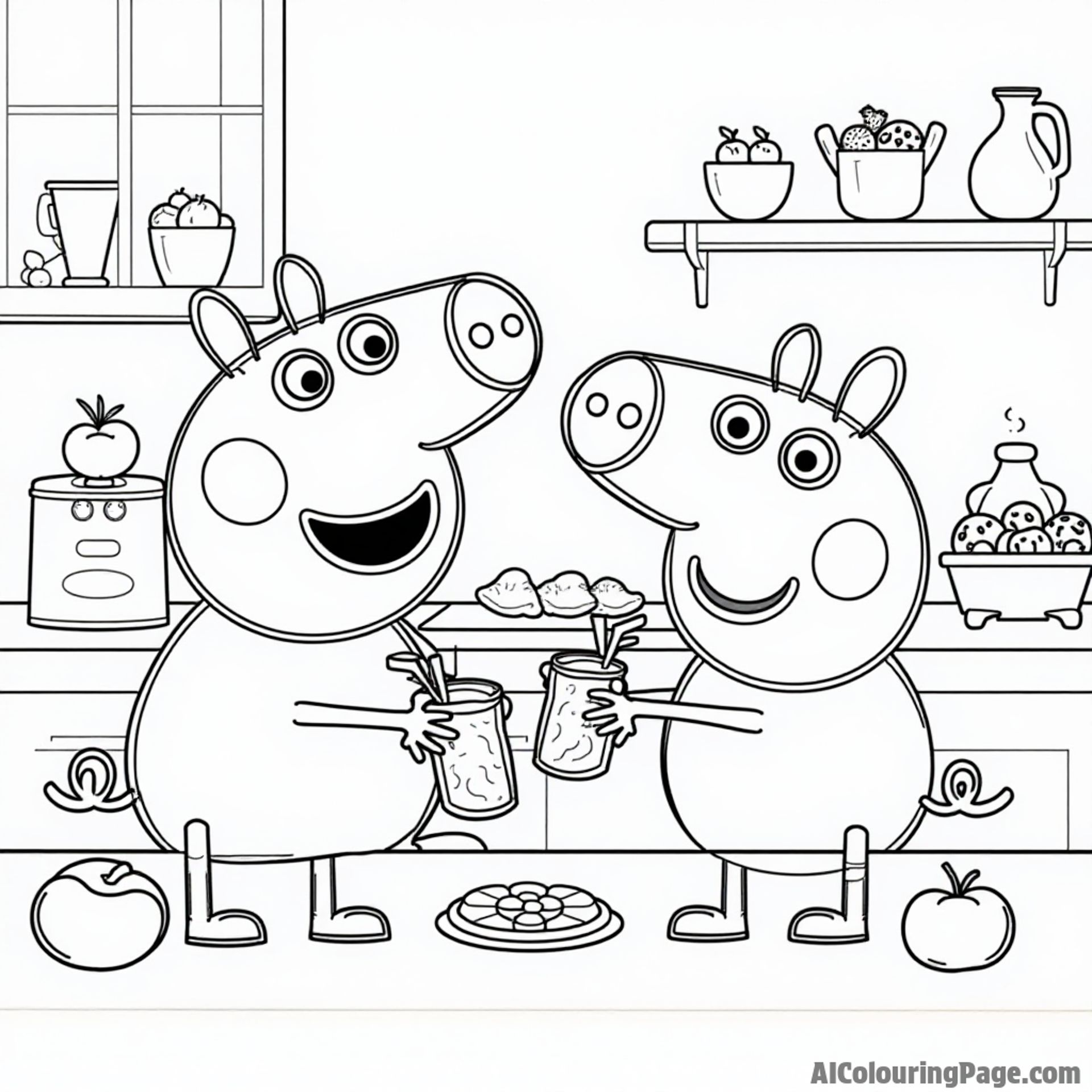 Peppa Pig and George Pig making fruit smoothies in the kitchen, surrounded by colorful fruits and blending machines.