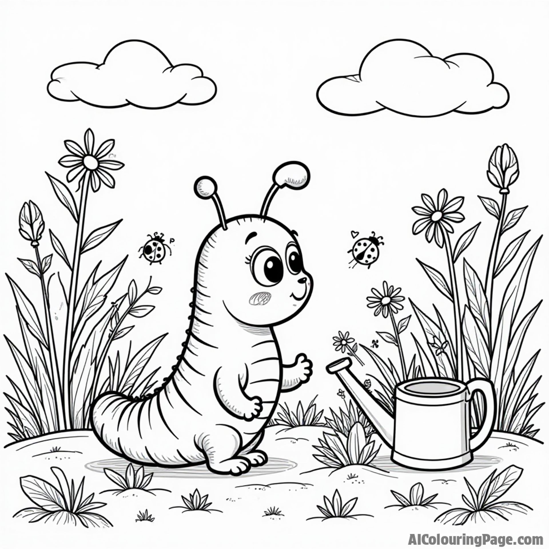 A cute caterpillar exploring a garden filled with various plants, ladybugs, and a small watering can for children to color.