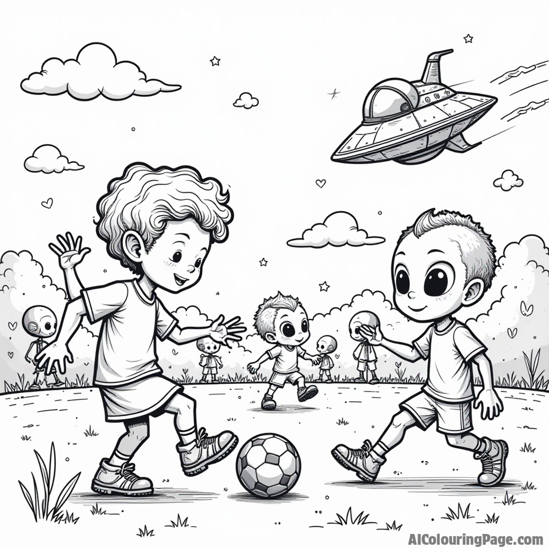 A soccer game between kids and aliens, with colorful spaceships in the background, all outlined for a fun black and white coloring page filled with imagination.