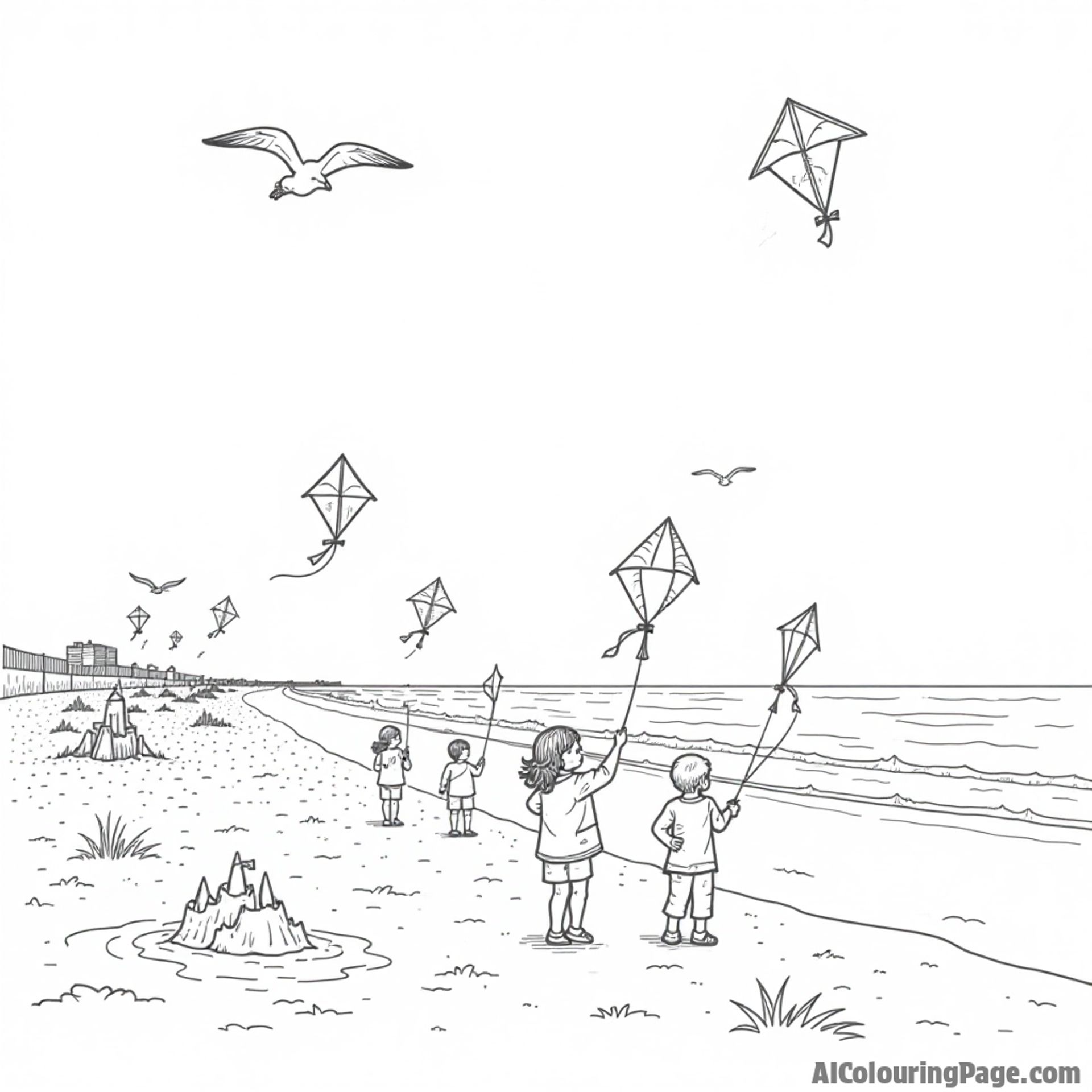 A whimsical scene of children flying kites at Ocean City beach, with seagulls overhead and sandcastles nearby.