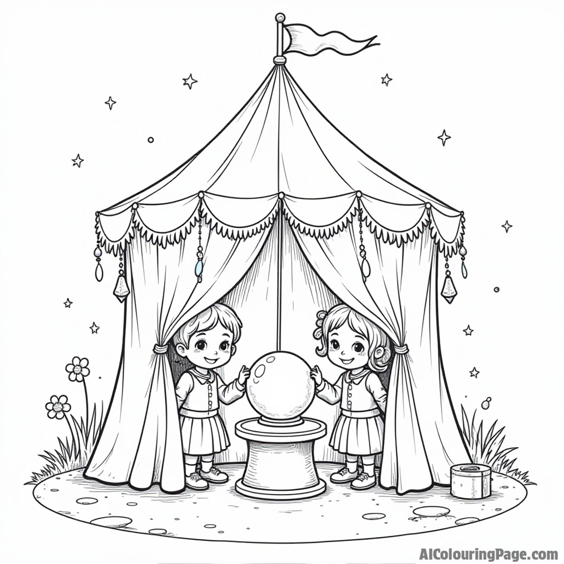 A whimsical fortune teller’s tent with a crystal ball, curious children peeking inside, and colorful decorations around, creating a delightful coloring page for Festivals and Traditions.