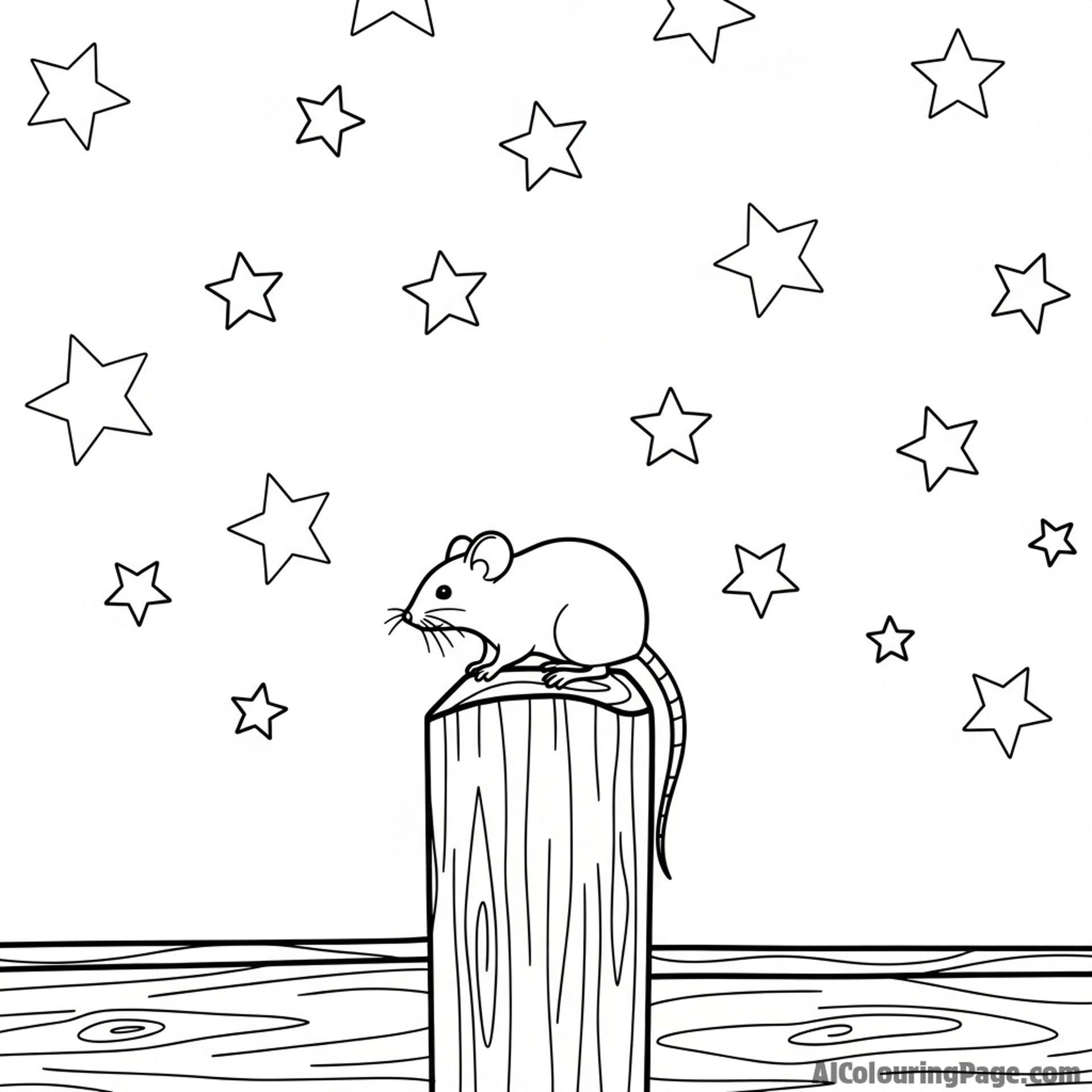 The silhouette of a mouse on a fence post against a starry night sky.