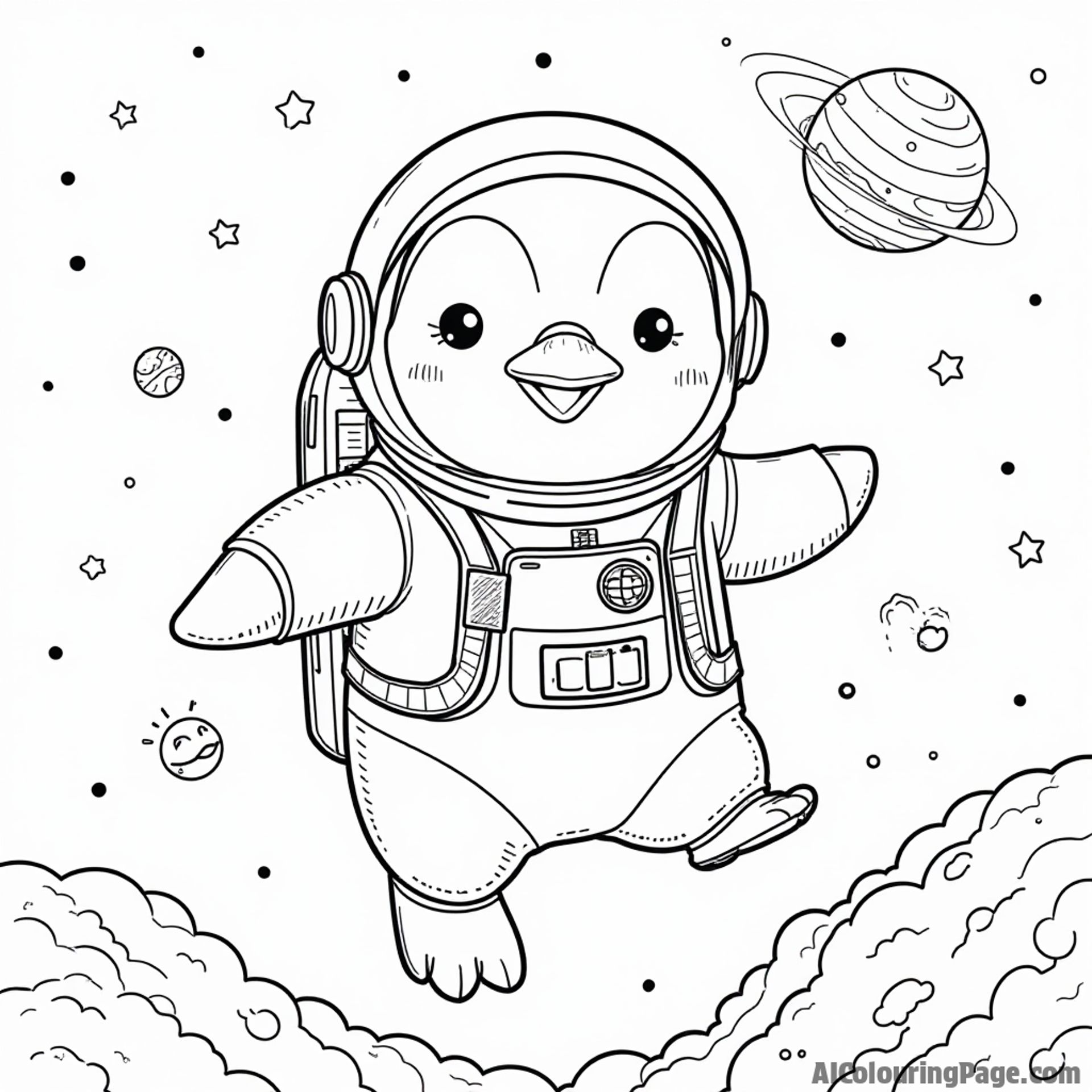 A penguin dressed as an astronaut floating in space with stars and planets in the background.
