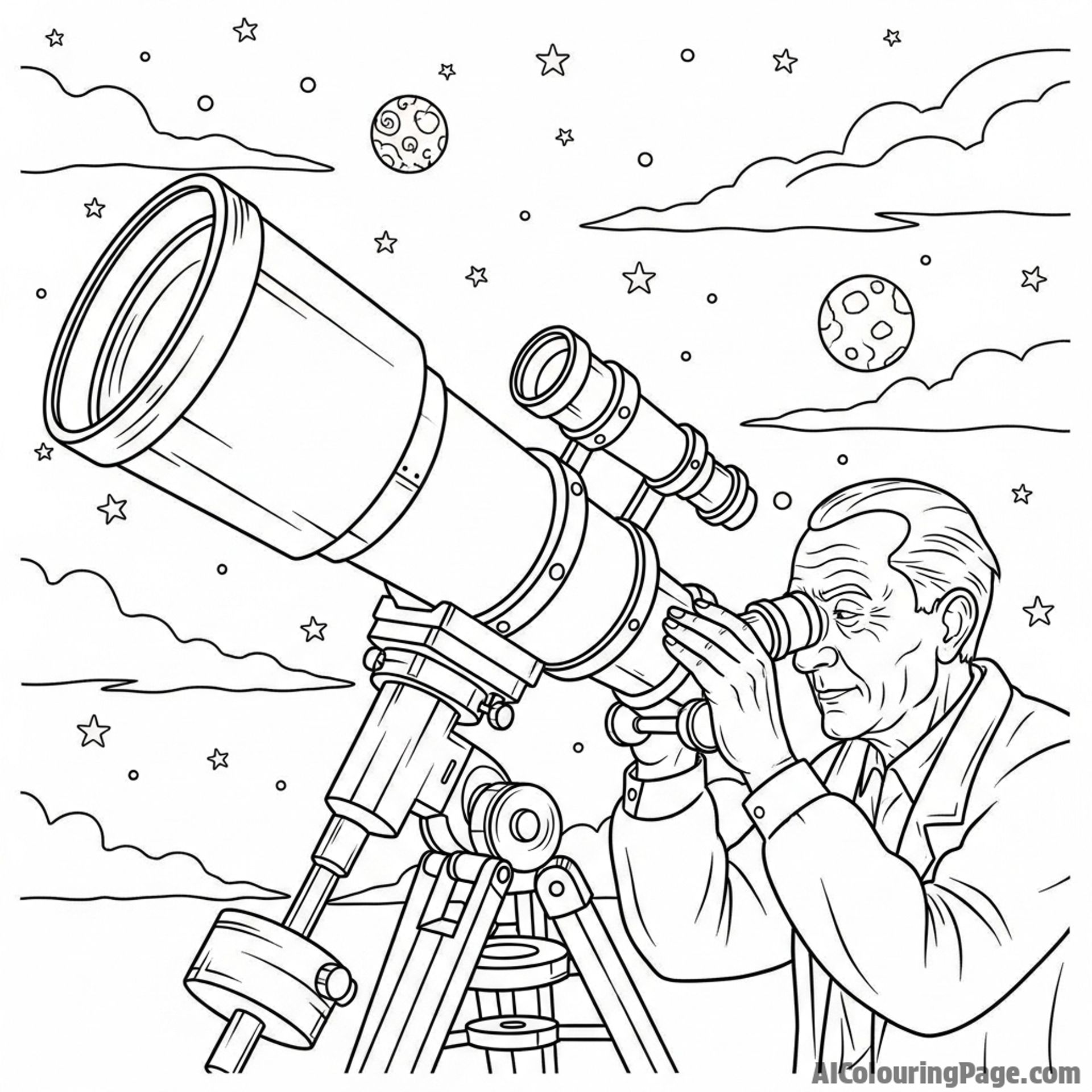 Astronomer peering through a large telescope at night.