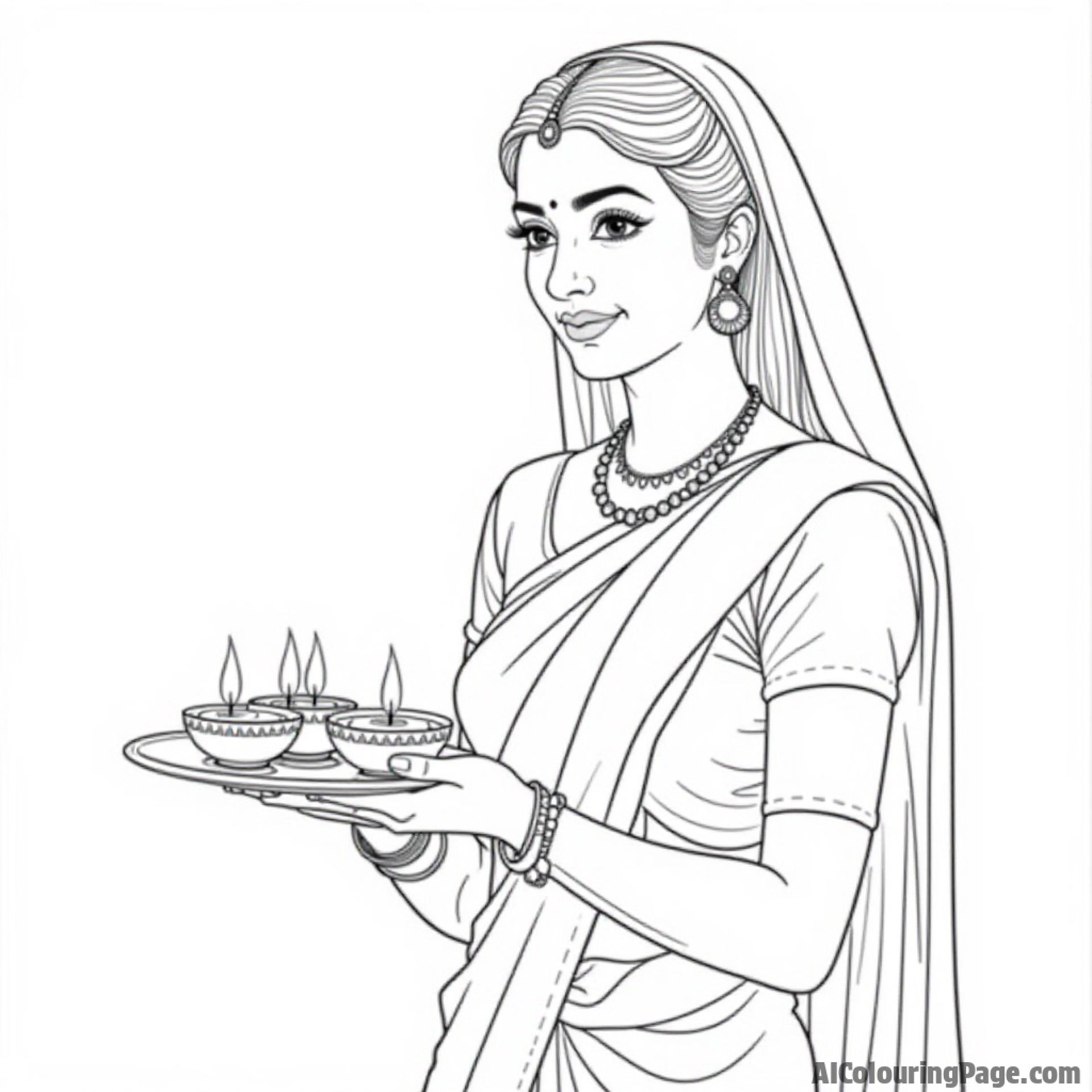 A traditional Indian woman wearing a beautiful saree, presenting a plate of sweets and diyas, radiating warmth and hospitality during Diwali festivities, suitable for Festivals and Traditions Coloring Sheets.