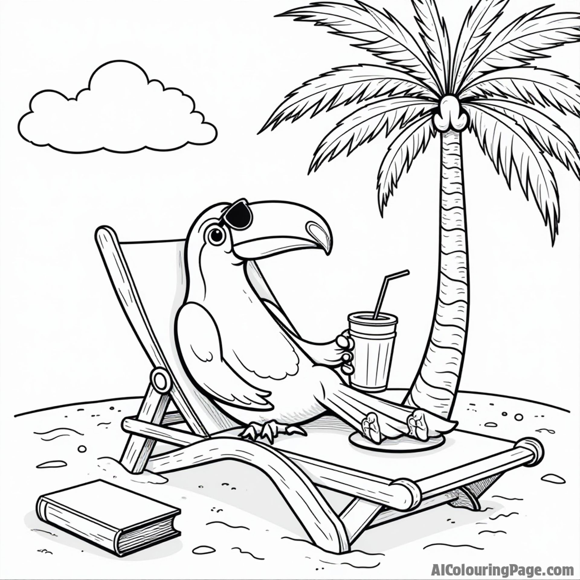 A toucan resting on a beach chair with sunglasses, a drink, and a book under a palm tree for kids to color.
