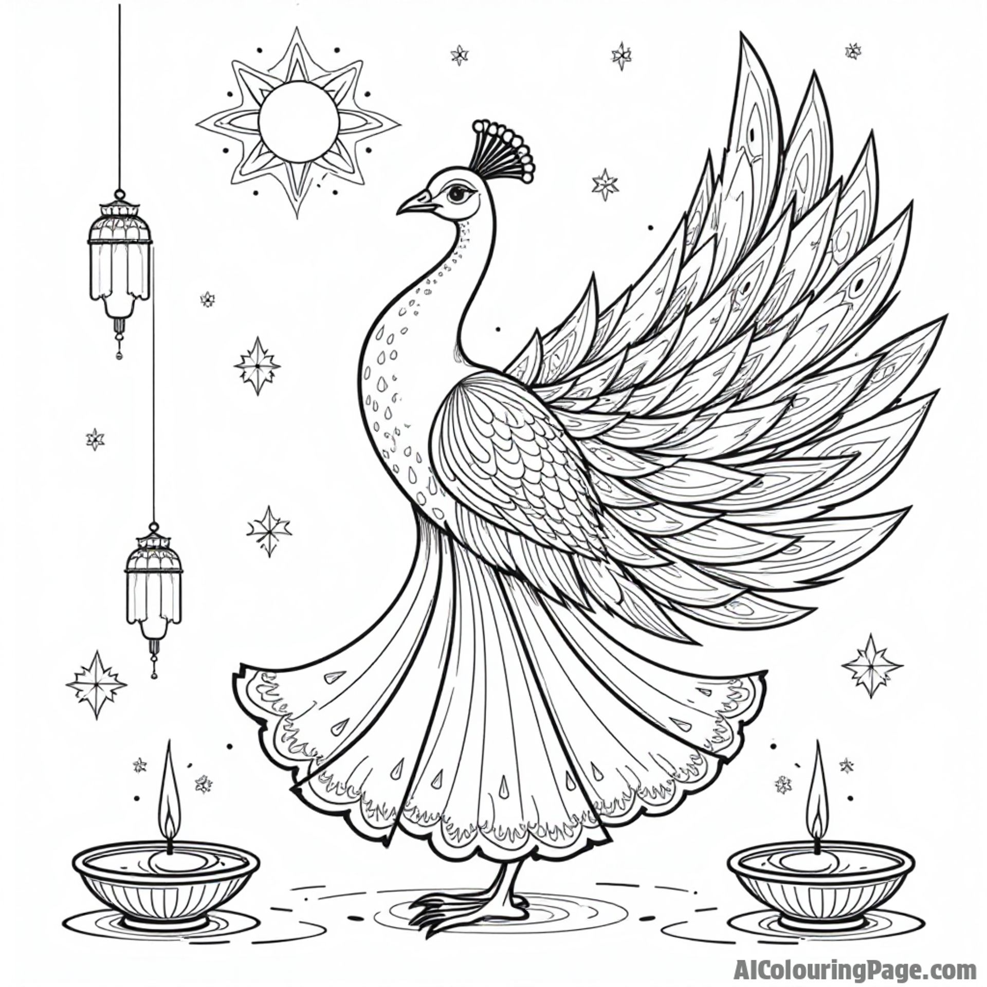 A beautiful peacock dancing under a starry sky, surrounded by floating lanterns and flickering diyas, capturing the festive essence of Diwali for a delightful coloring experience in Festivals and Traditions Coloring Sheets.