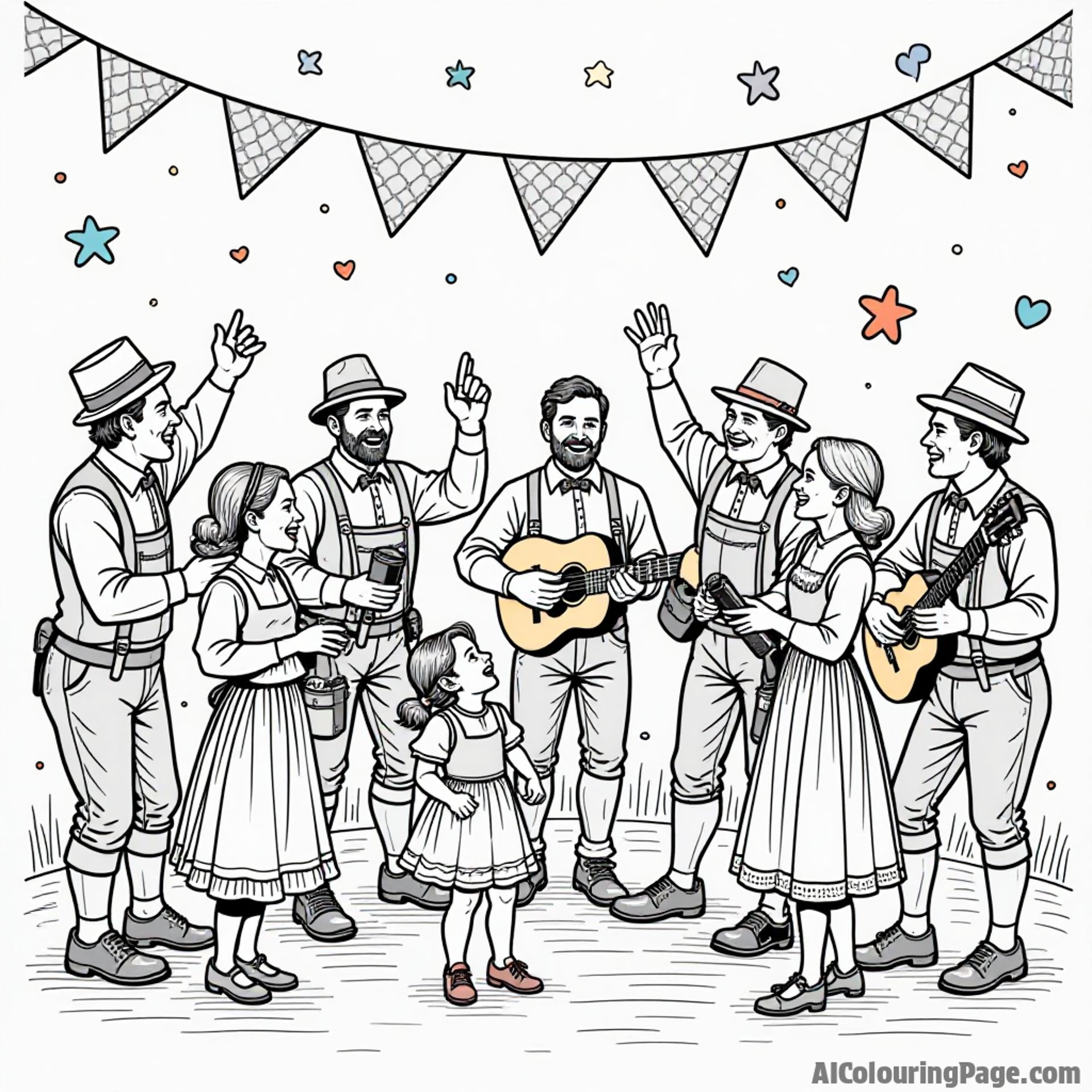 A colorful illustration of a traditional Oktoberfest band playing lively music, with musicians in folk attire and children dancing joyfully, surrounded by cheerful decorations inviting creativity.
