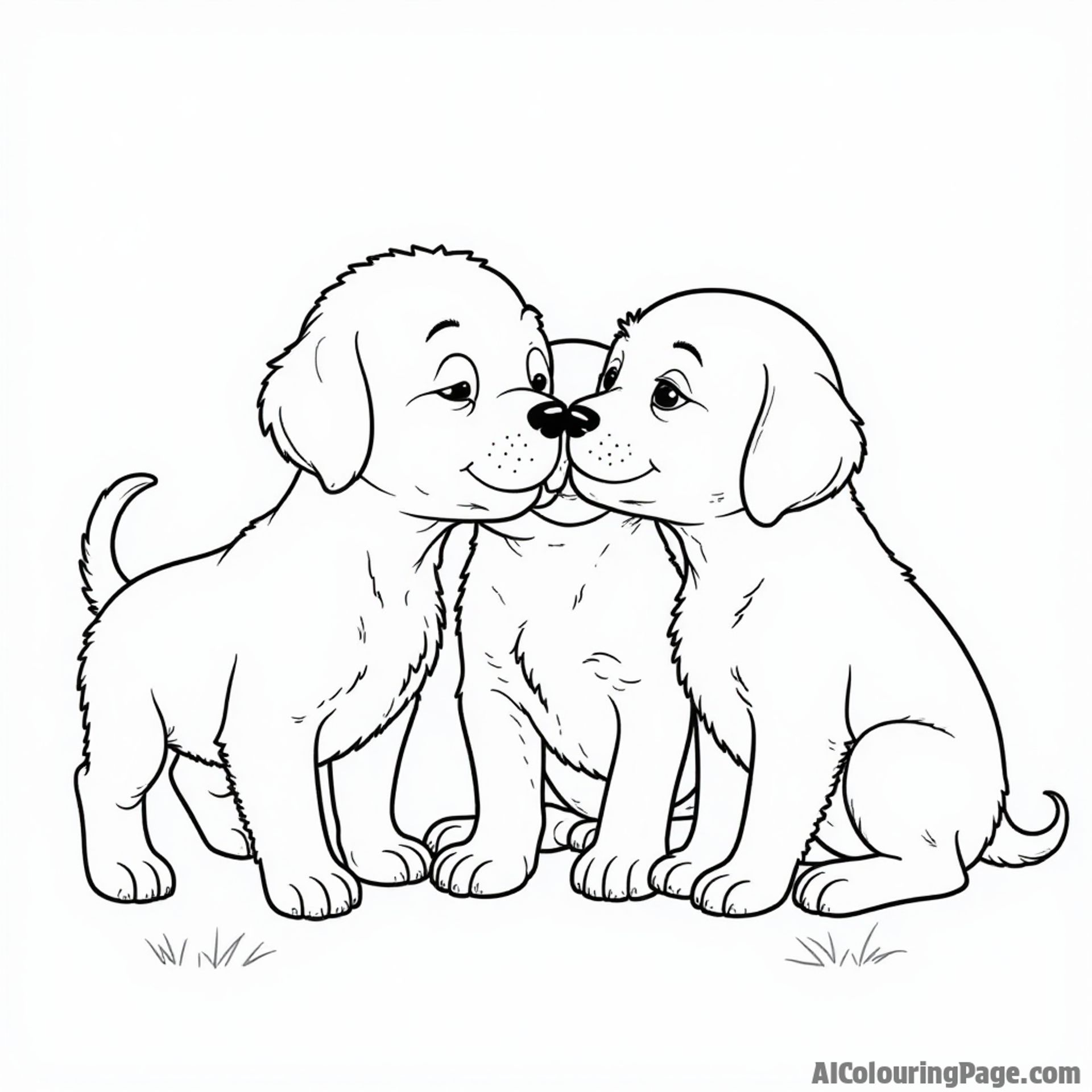 Coloring sheet of a group of puppies, interacting, varying sizes, simple backgrounds.
