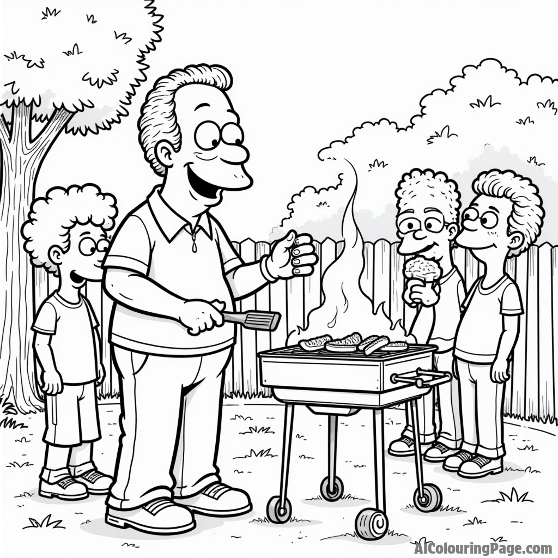 Ned Flanders hosting a friendly barbecue with delicious food on the grill and cheerful neighbors enjoying the sunny day.