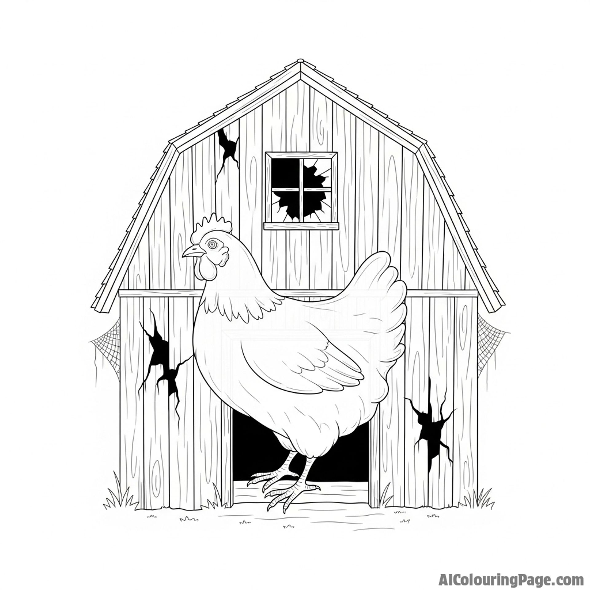 A ghostly, translucent chicken haunting an old barn.