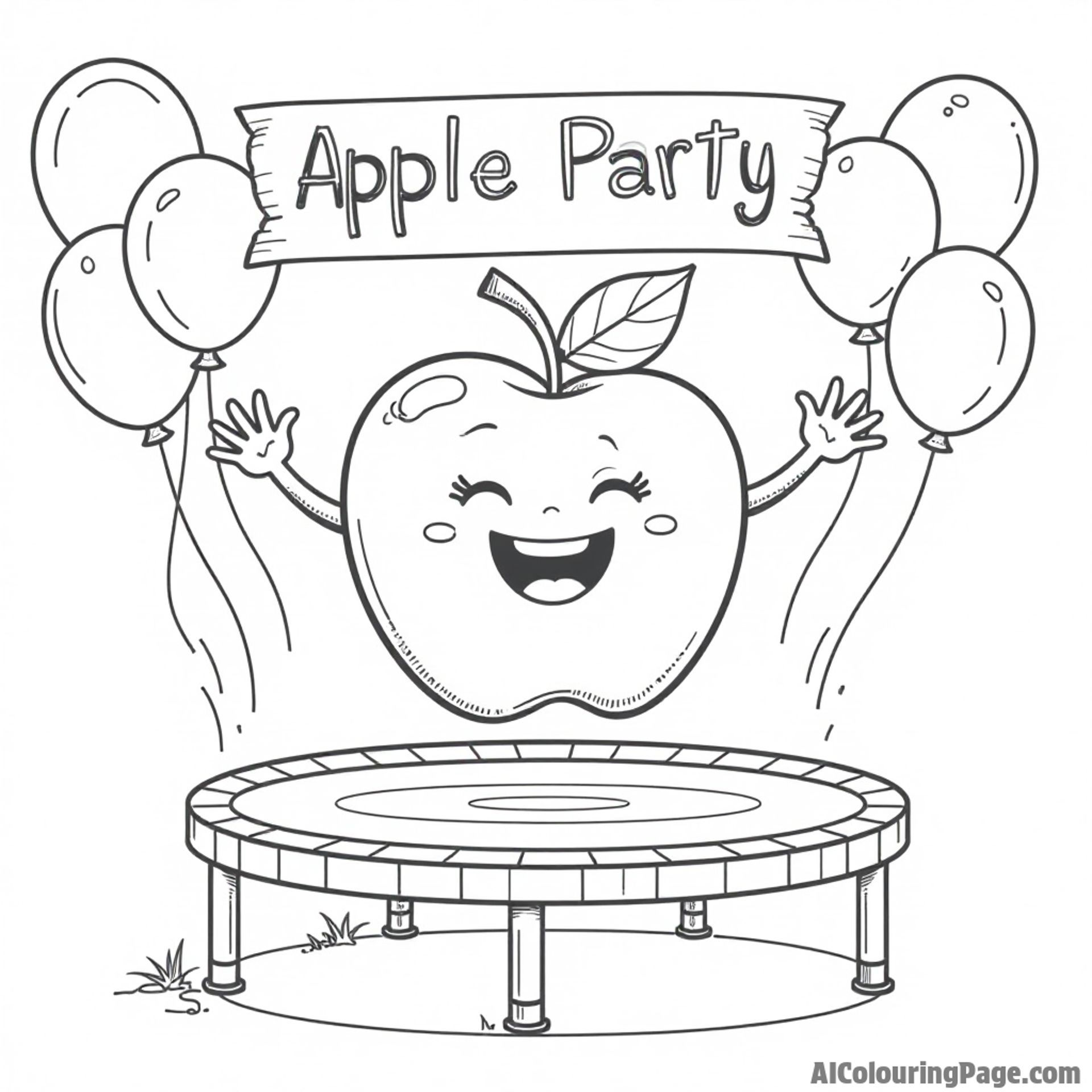 A playful apple bouncing on a trampoline, surrounded by colorful balloons and a banner that says "Apple Party".