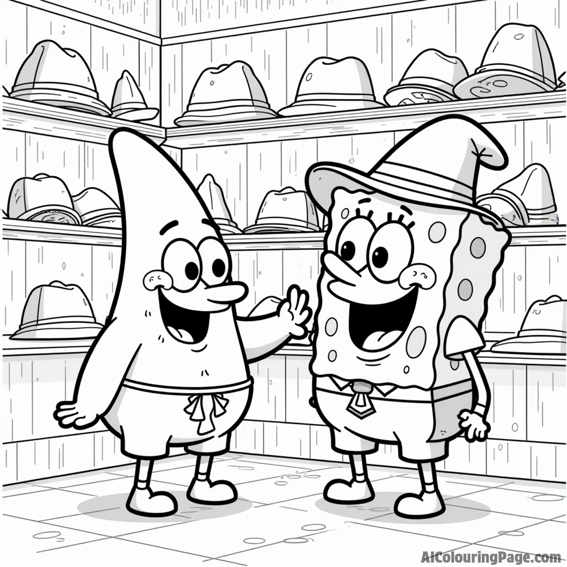 Patrick trying on different hats while SpongeBob helps him choose the best one in a lively store filled with hats