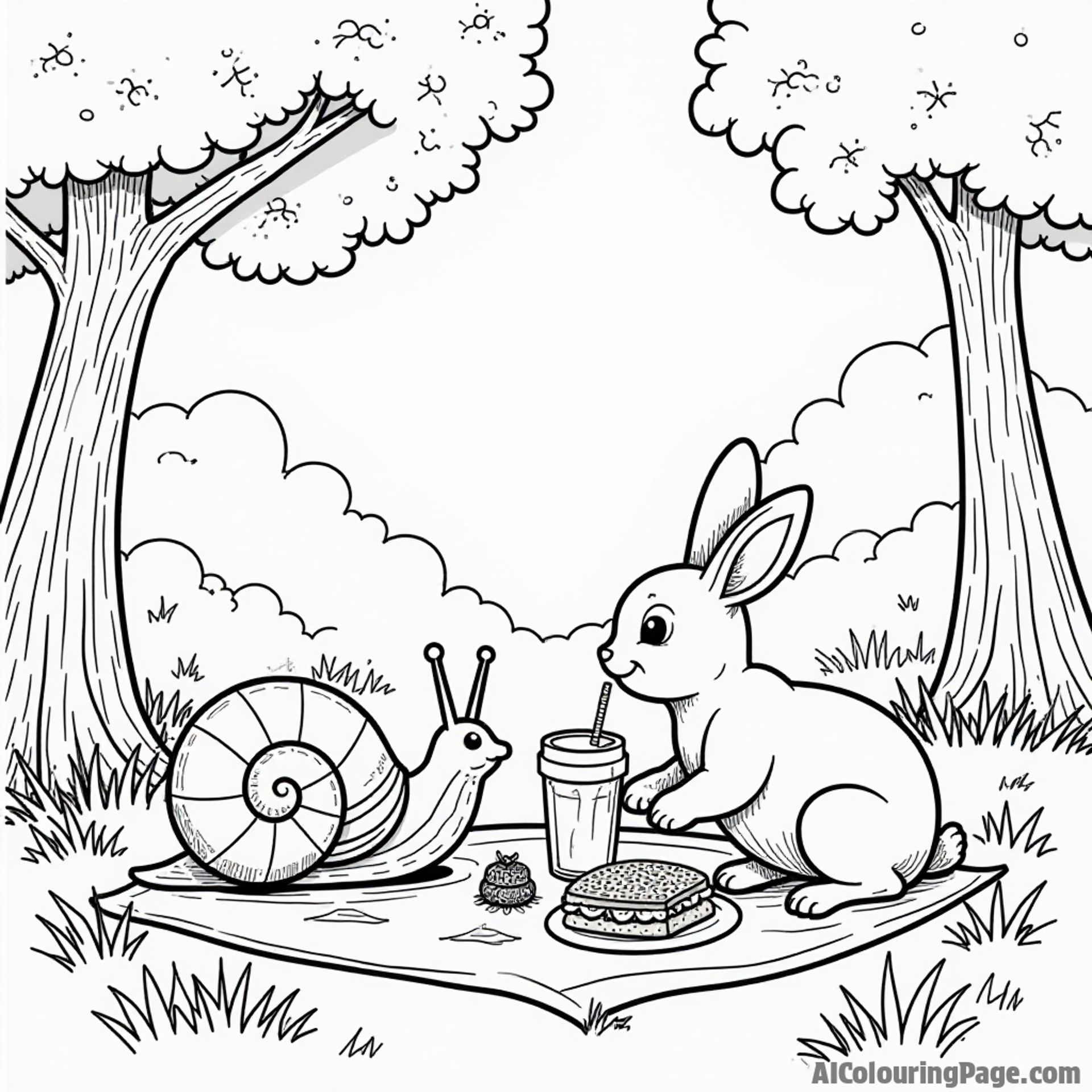 A snail enjoying a picnic with a rabbit, with sandwiches and juice under a tree in a vibrant park scene.