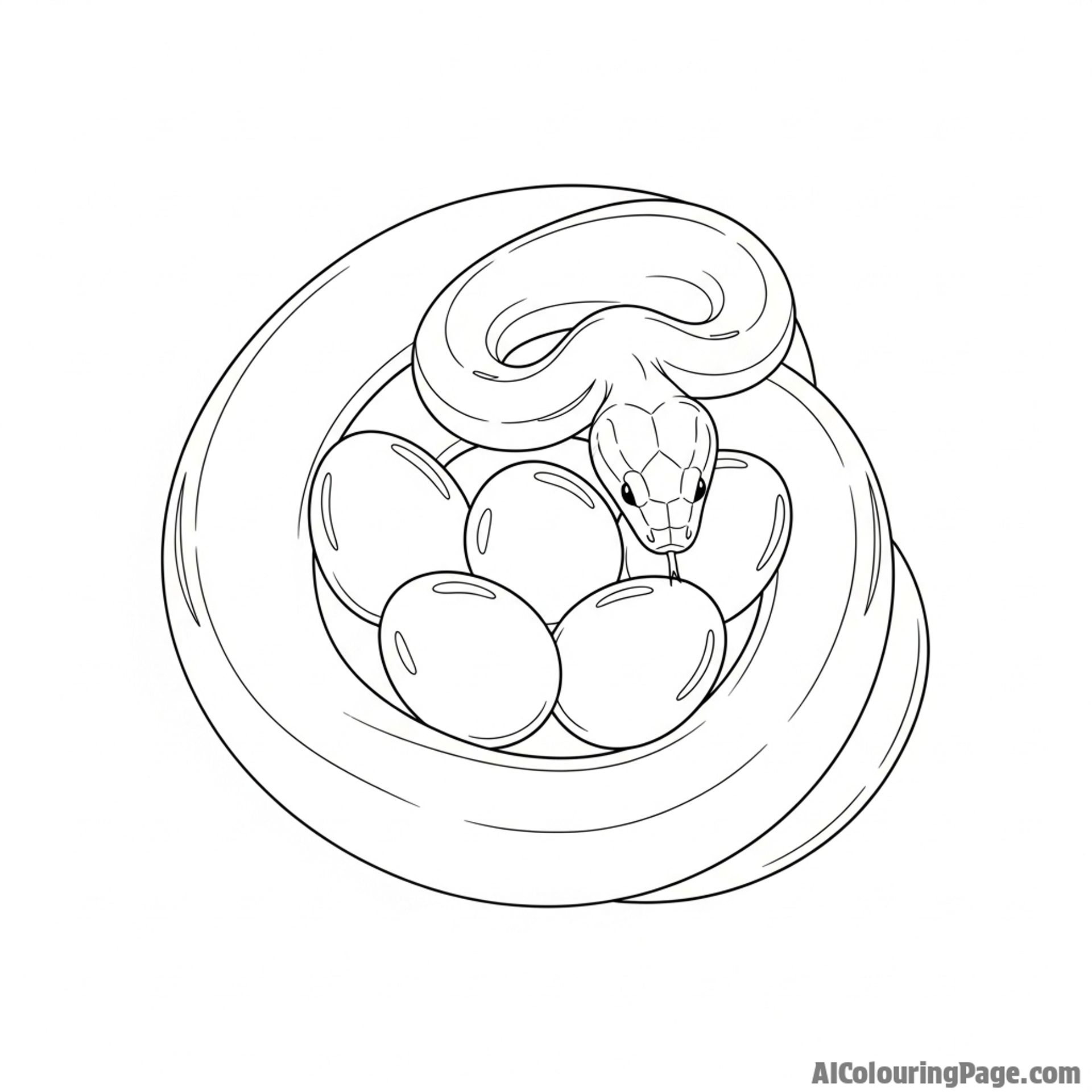 A snake coiled protectively around a clutch of smooth, glistening eggs.