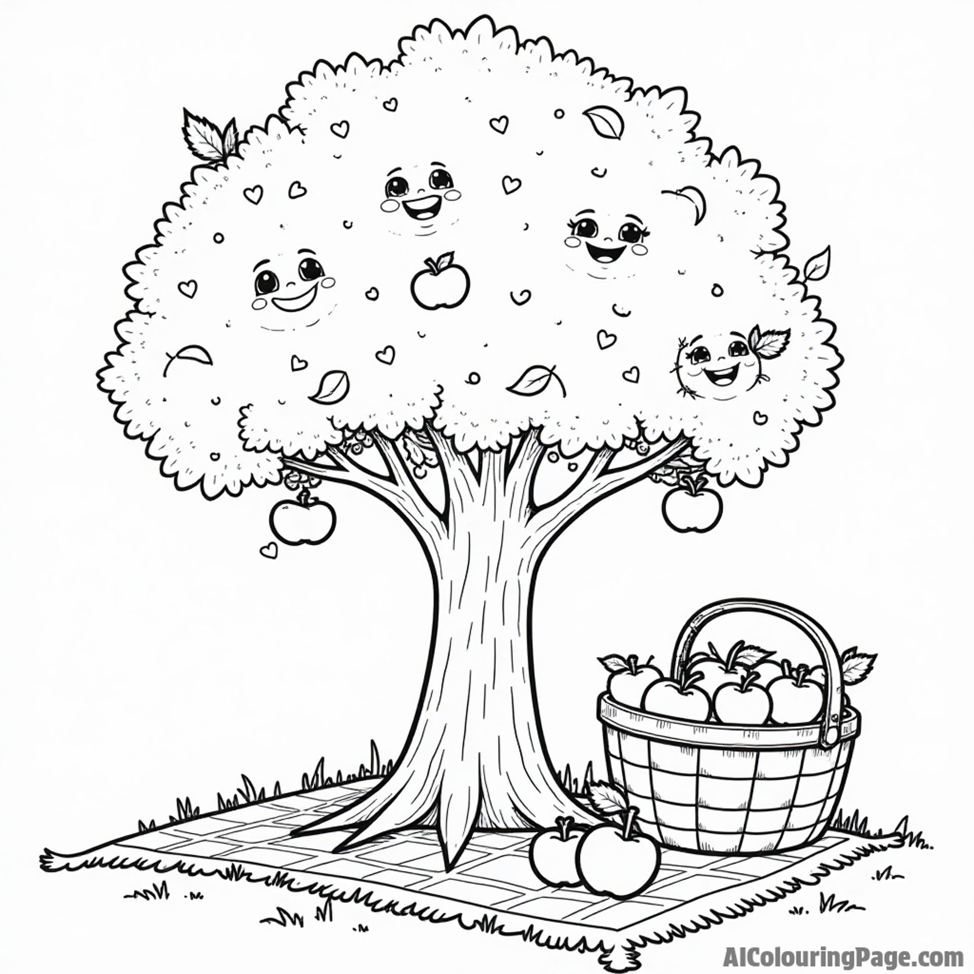 A whimsical apple tree with smiling apples, a picnic blanket, and a basket filled with freshly picked apples.