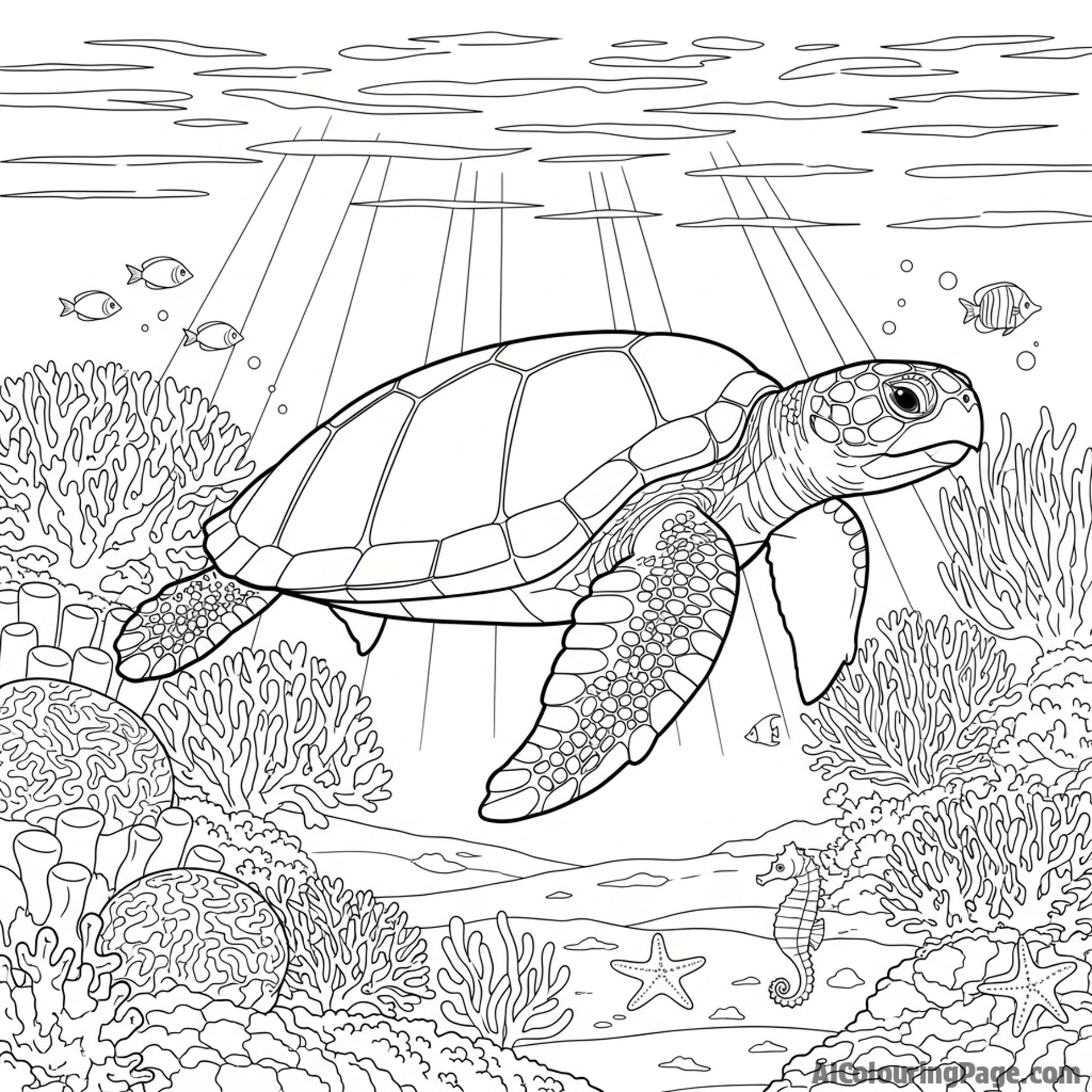 An old sea turtle gliding serenely through a sun-dappled coral reef