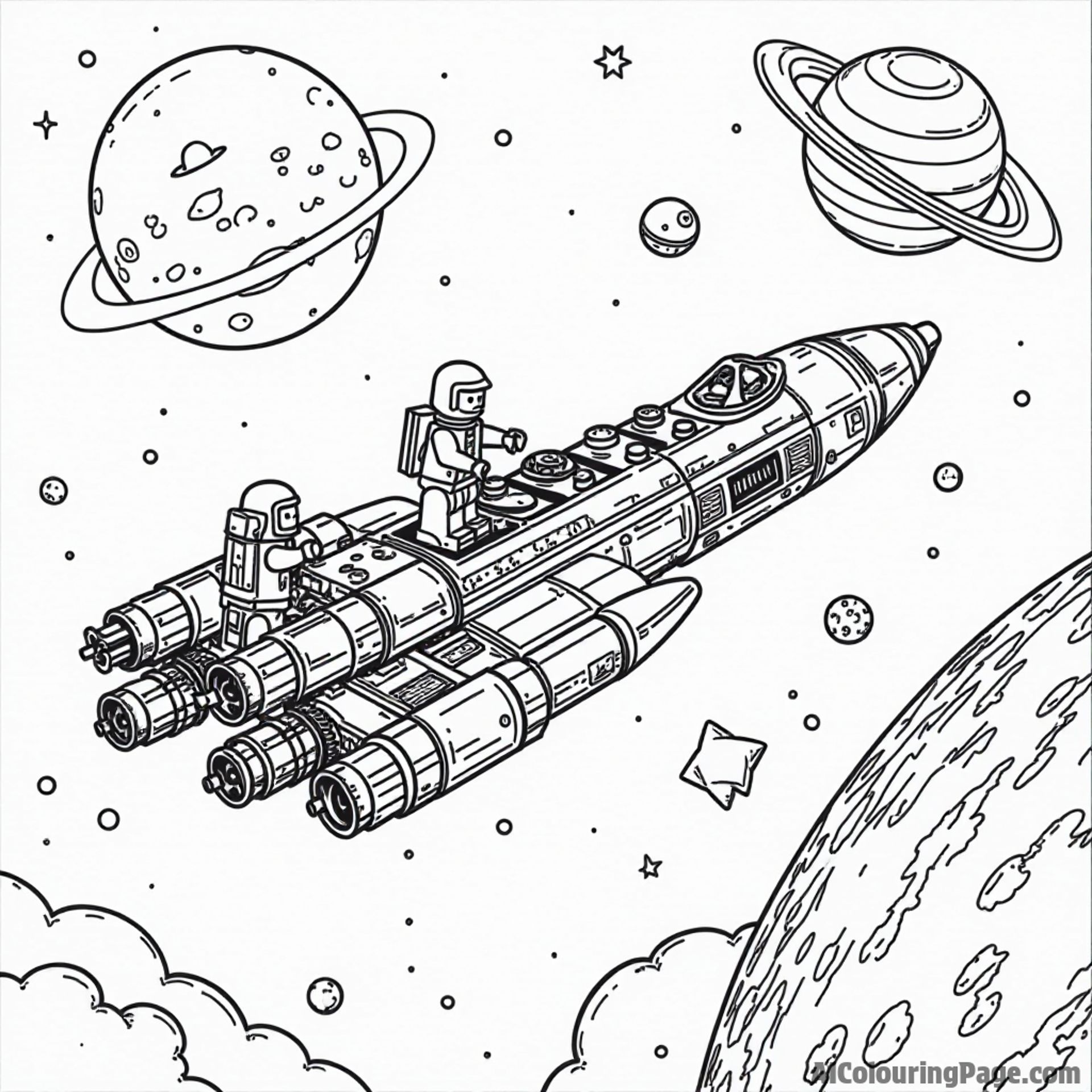 A LEGO space station orbiting a planet, astronauts conducting experiments, and spacecraft docked around the station.