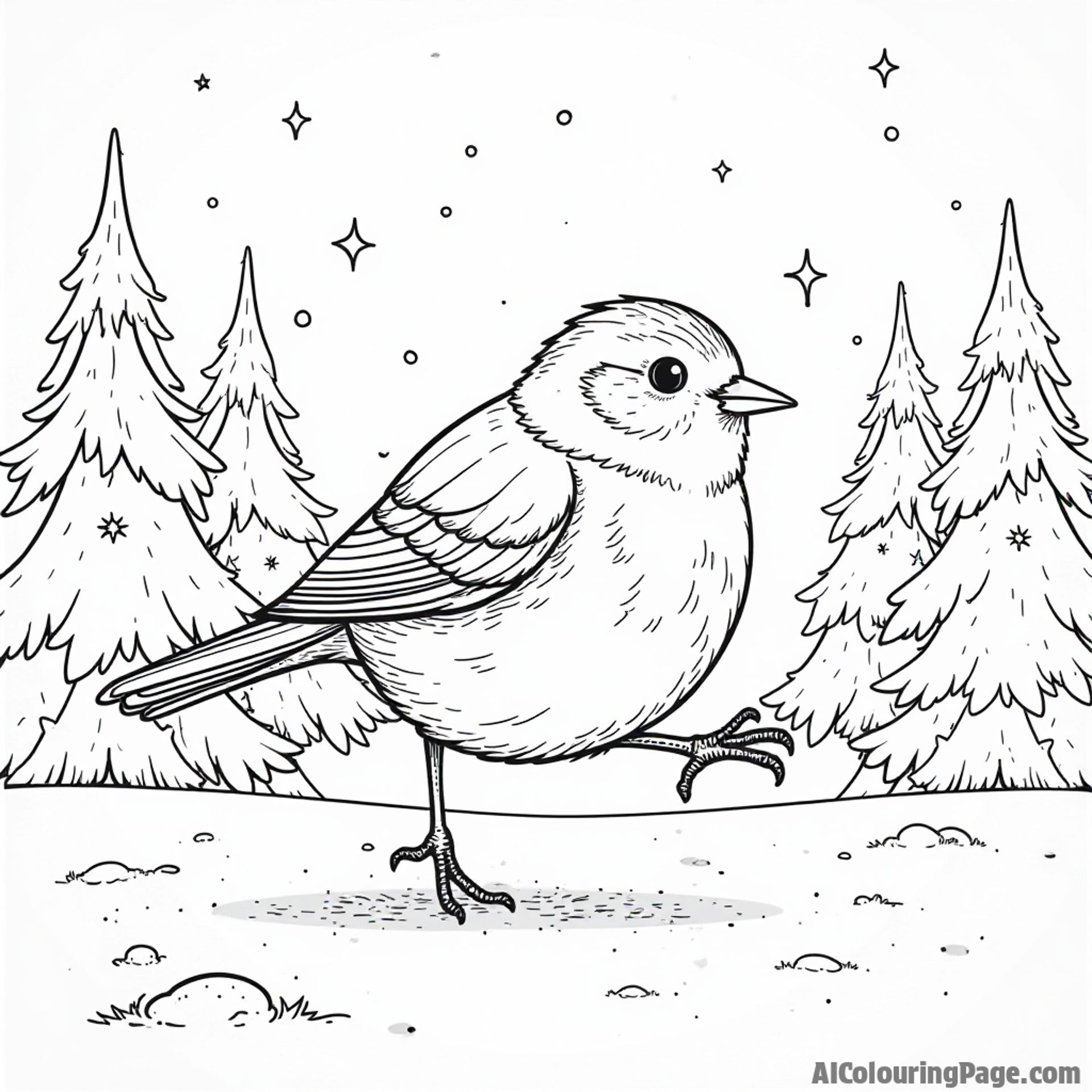 A robin hopping through a snow-covered landscape, with pine trees and snowflakes, creating a winter wonderland for coloring.