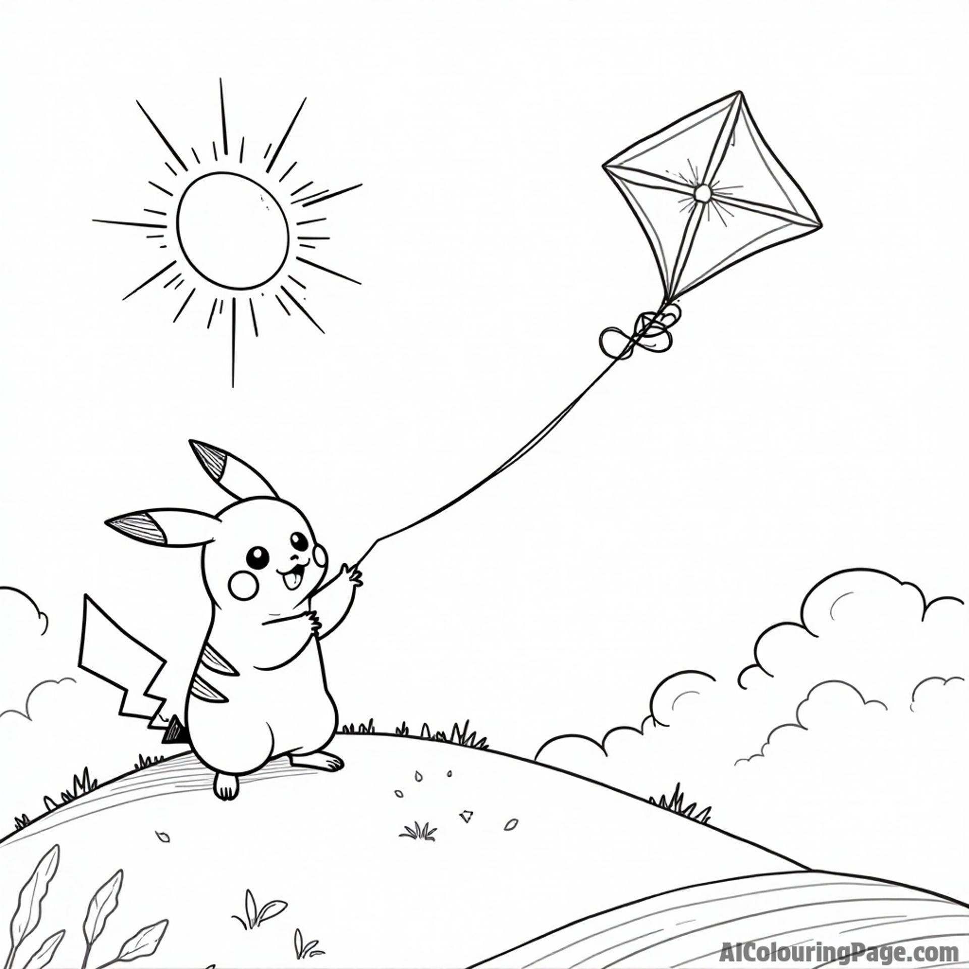 Pikachu flying a kite on a hill with fluffy clouds and a bright sun shining above