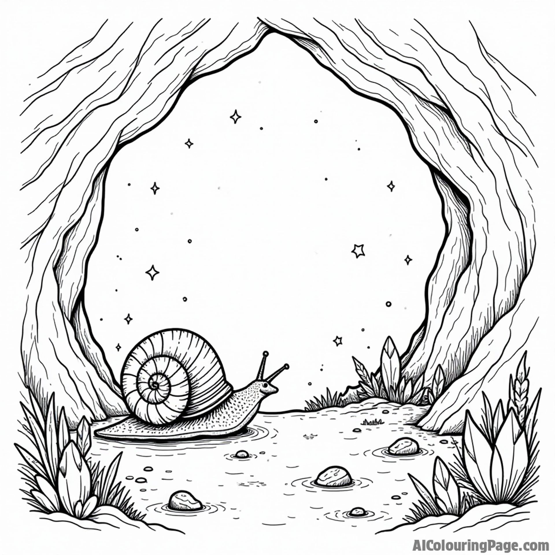 A snail exploring the depths of a magical cave, with sparkling crystals and tiny glowing creatures illuminating the scene.